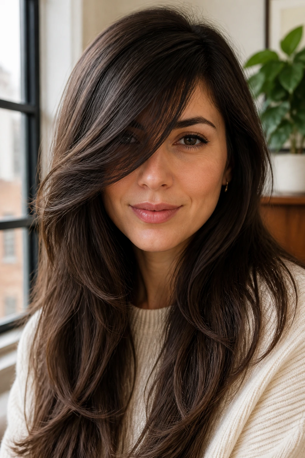 Medium close-up of a person with long diagonal bangs and thick hair in warm natural light