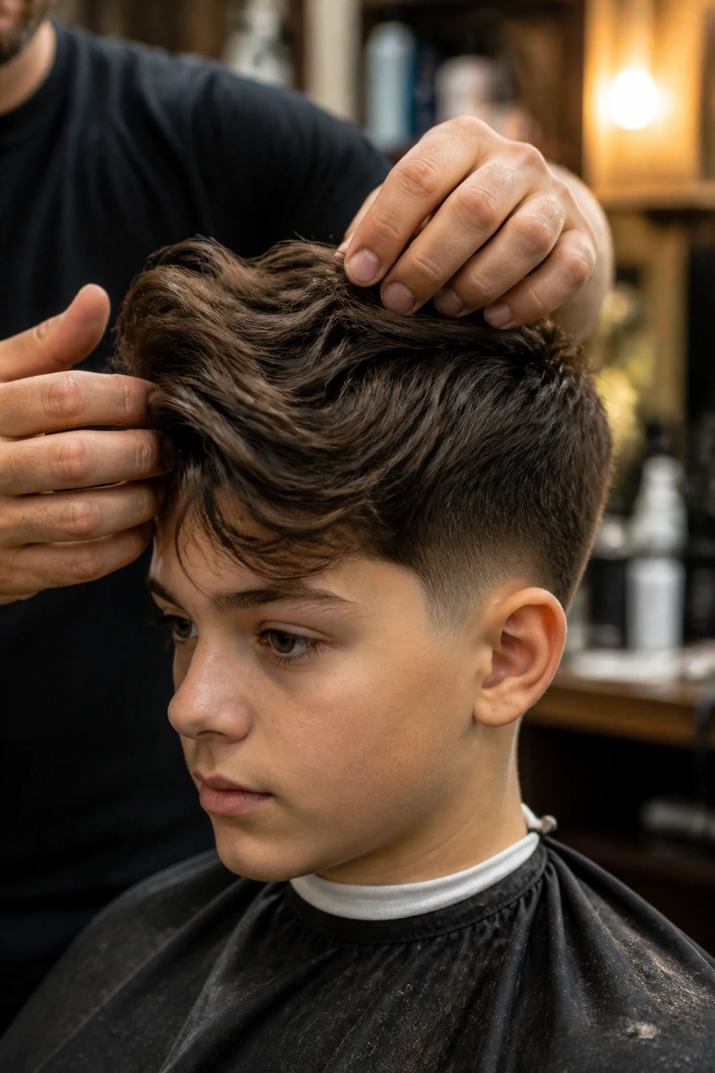 Close-up of thick-haired boy in barber chair with hands shaping the front.