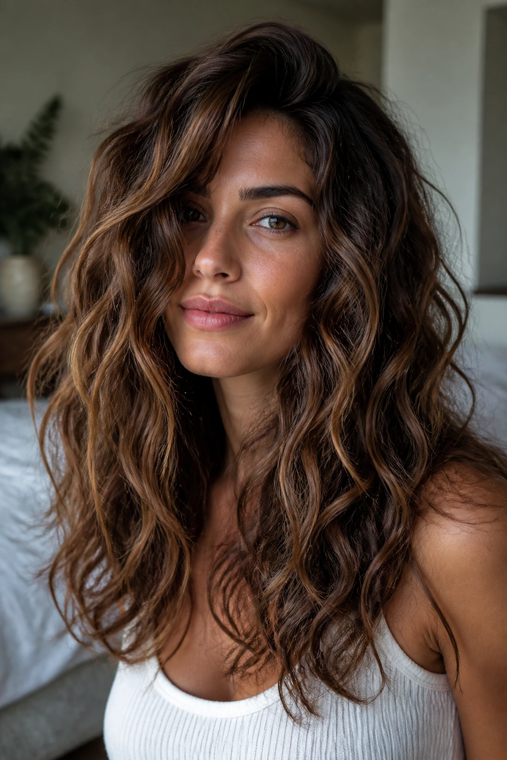 Close-up of a real person with thick dense hair styled in beachy waves