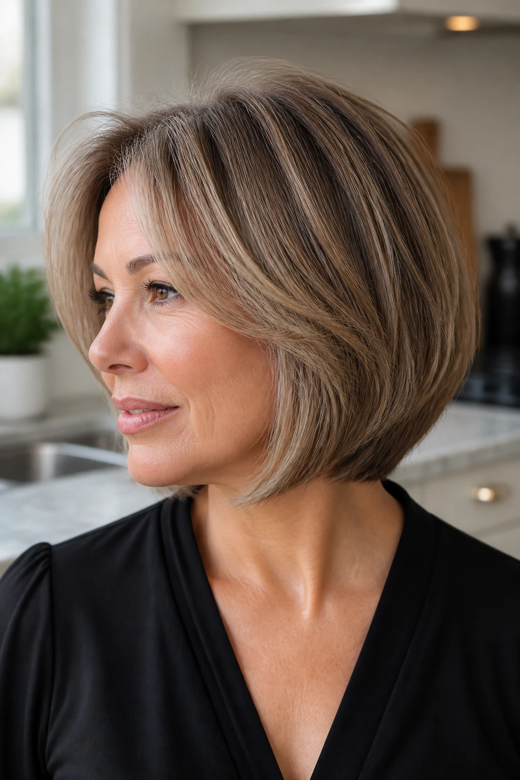 Close-up portrait of a real woman with a thick-blended bob and integrated face frame