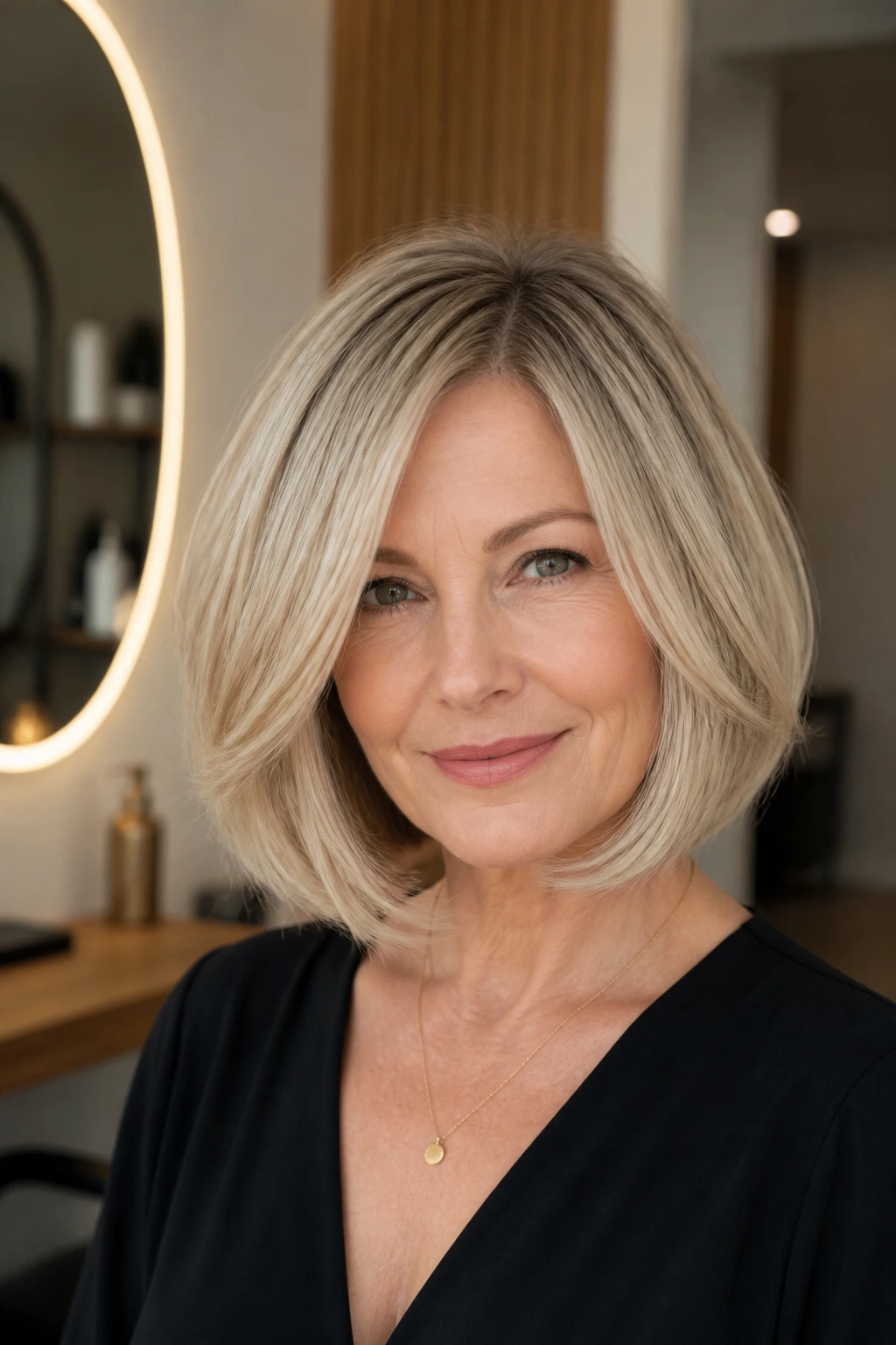 Real woman with layered blonde bob showing perimeter weight for thick hair