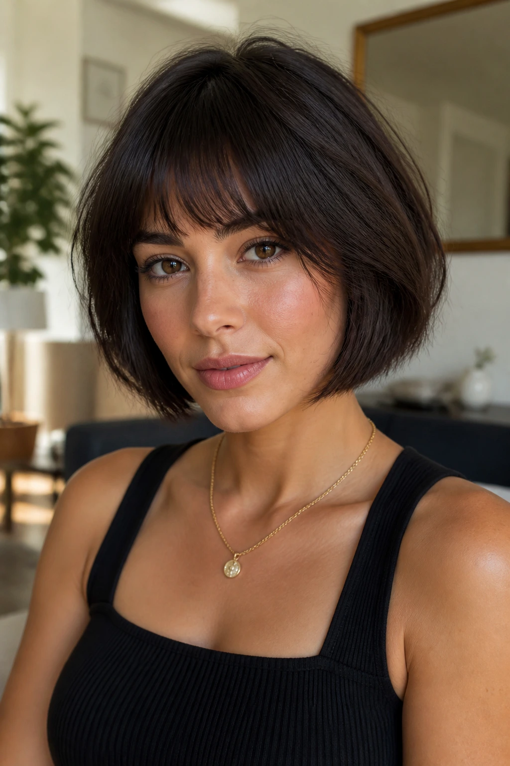 Close-up portrait of a real woman with a debulked thick-hair French bob, clean silhouette.