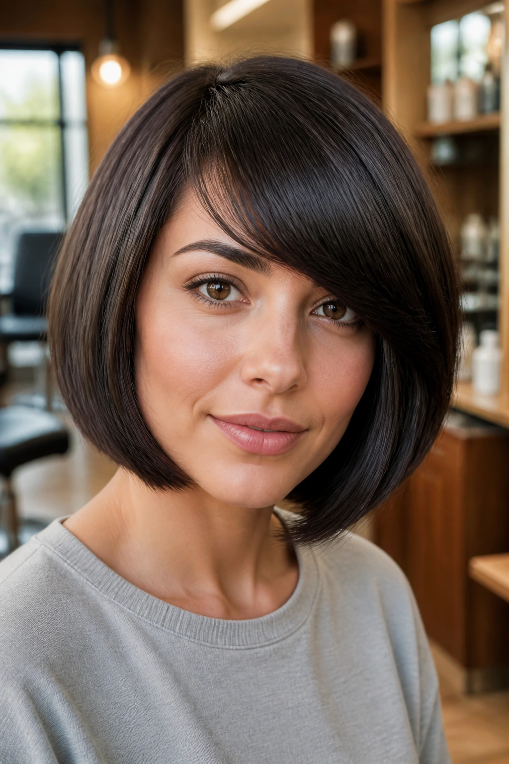 Close-up of a real woman with a thick bob showing internal weight removal
