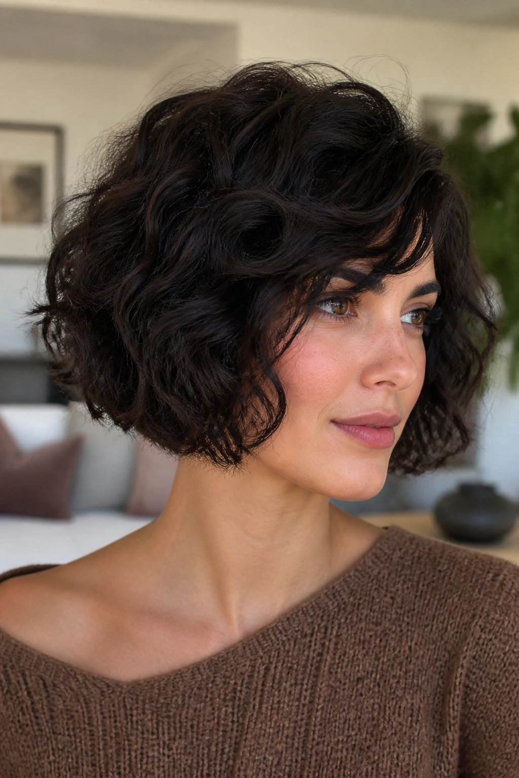 Portrait of a real woman with a thick-hair bob and internal debulking