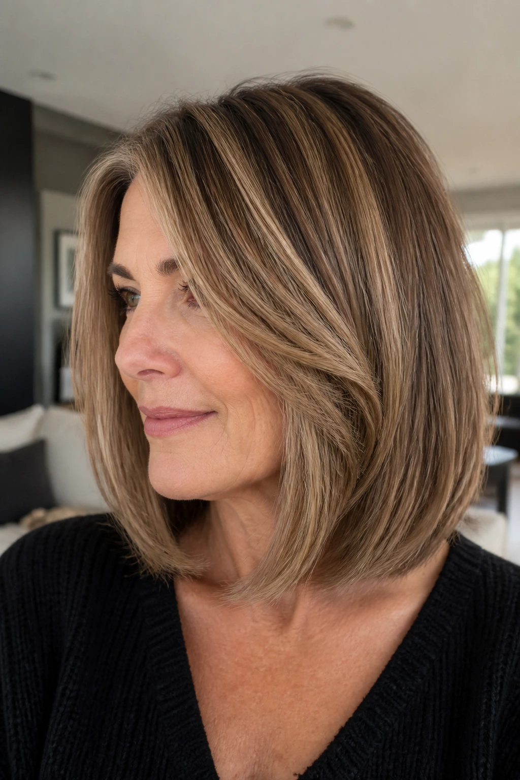 Close-up portrait of a woman with a thick-hair bob and ribboned babylights