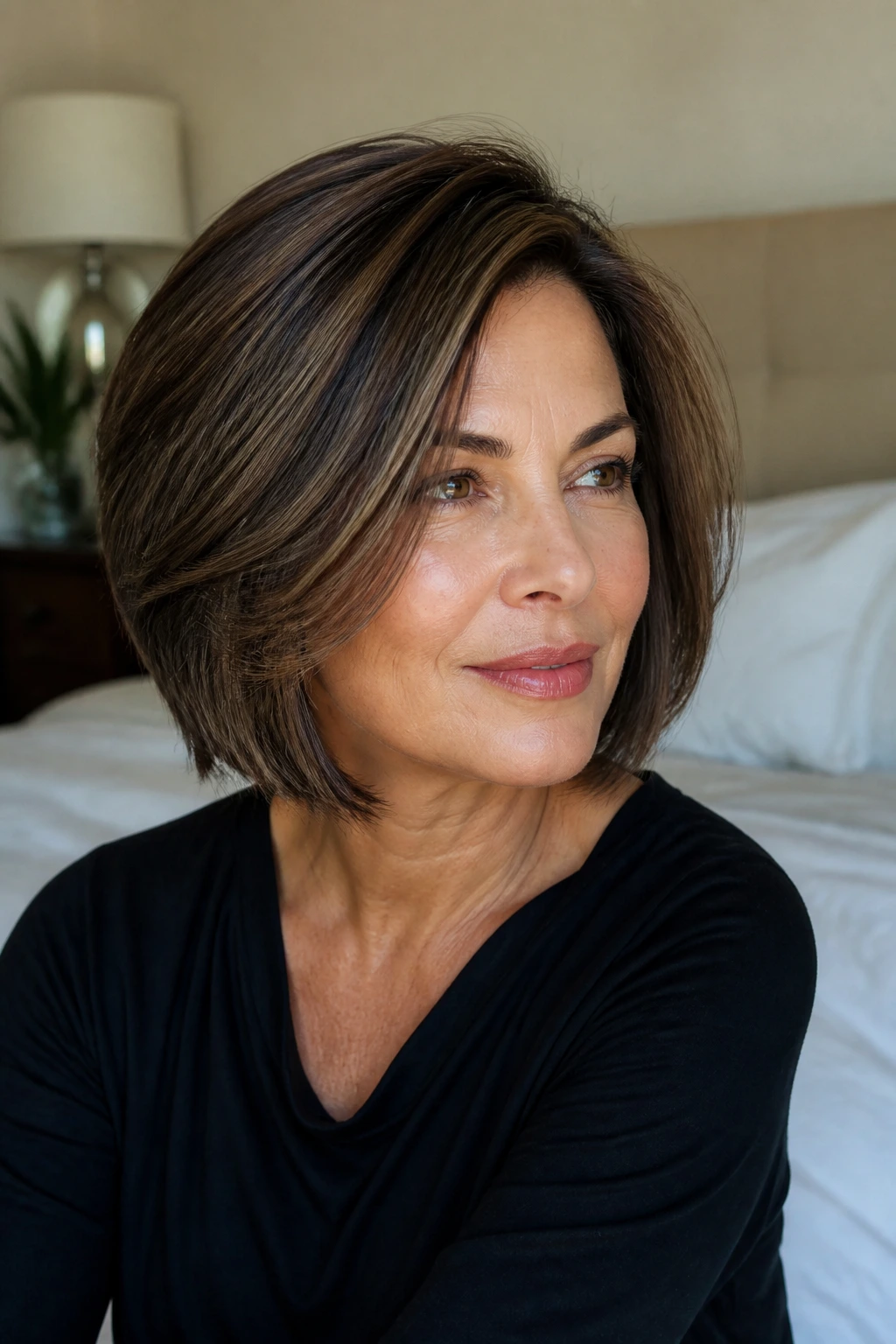Portrait of a woman with a real-life thick-hair bob and soft layers