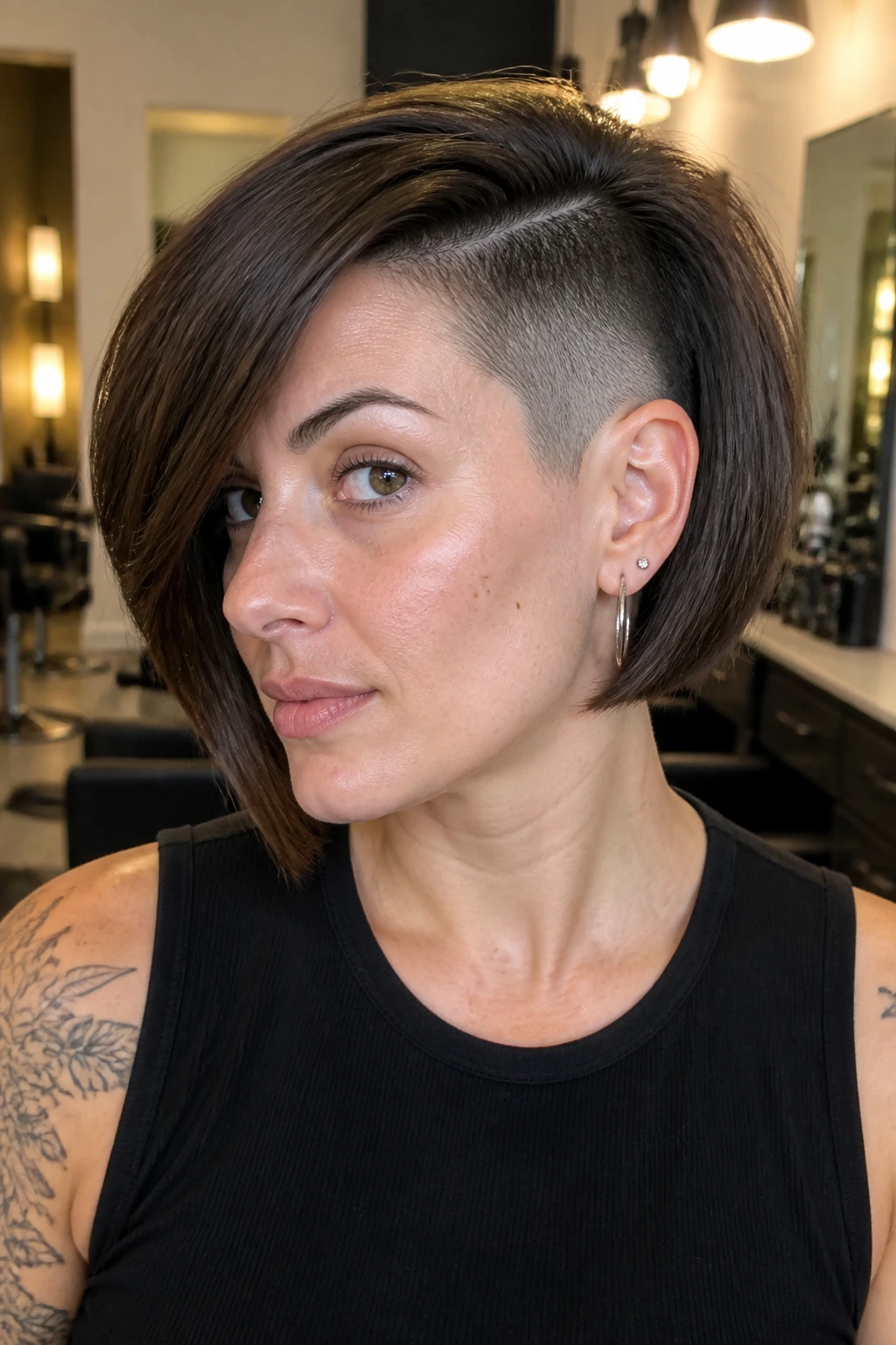 Close-up of a real woman with Thick-Hair Relief Bob showing shaved side for density relief