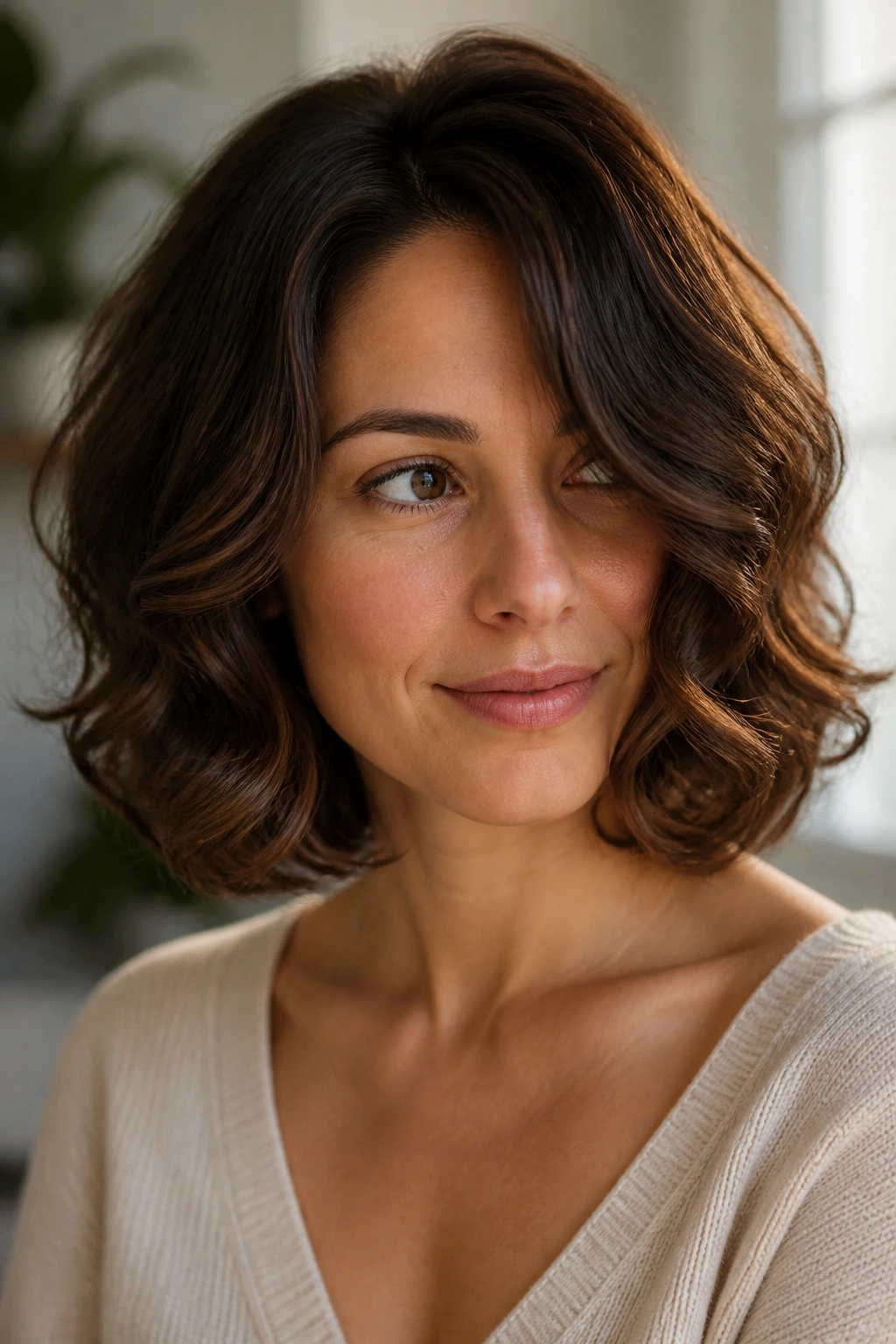 Close-up portrait of a real woman with thick medium-length hair styled in a soft curled bob