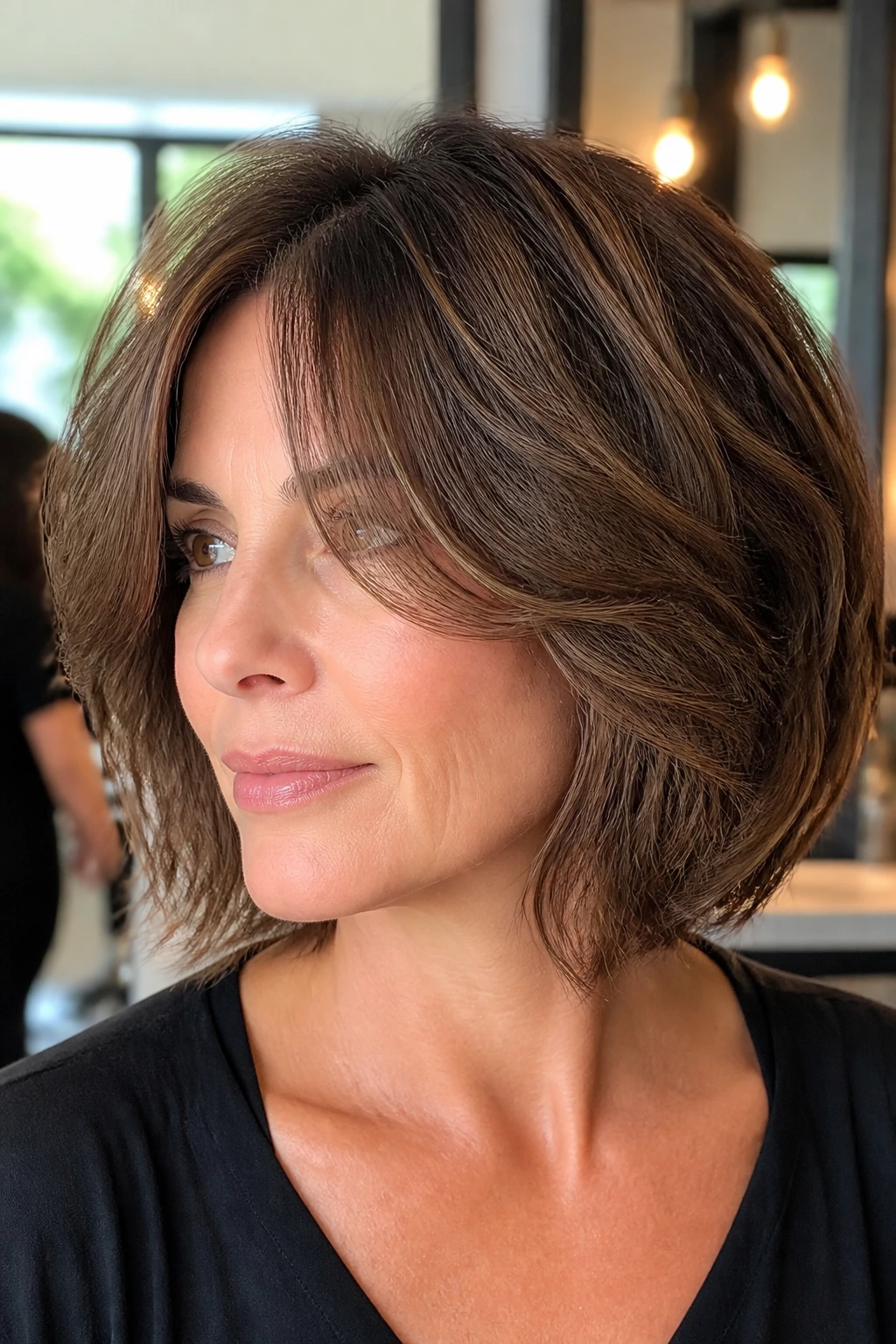 Portrait of a real woman with thick hair bob and weight removing layers and curtain bangs