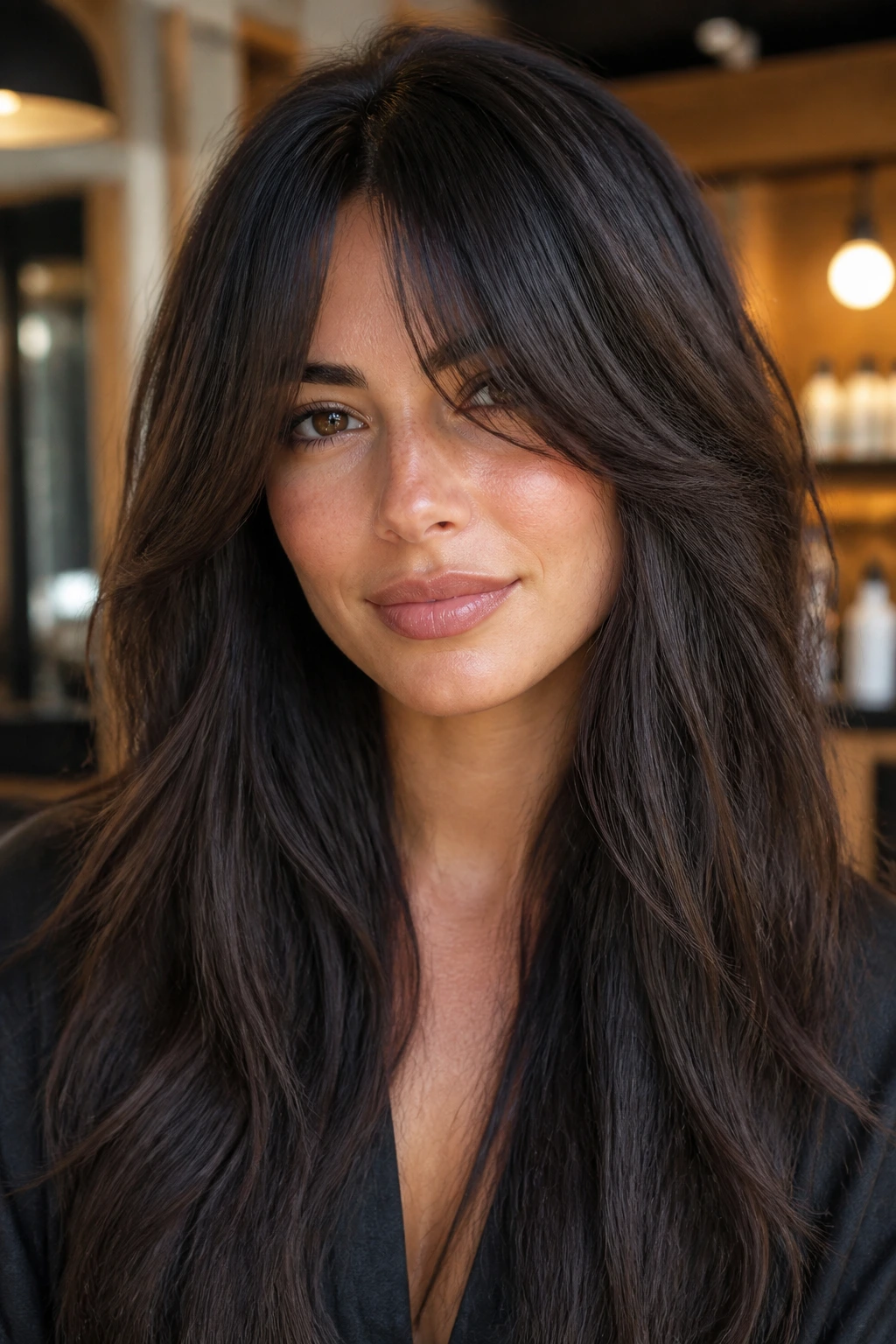 Close-up portrait of a real woman with thick-hair bottleneck bangs