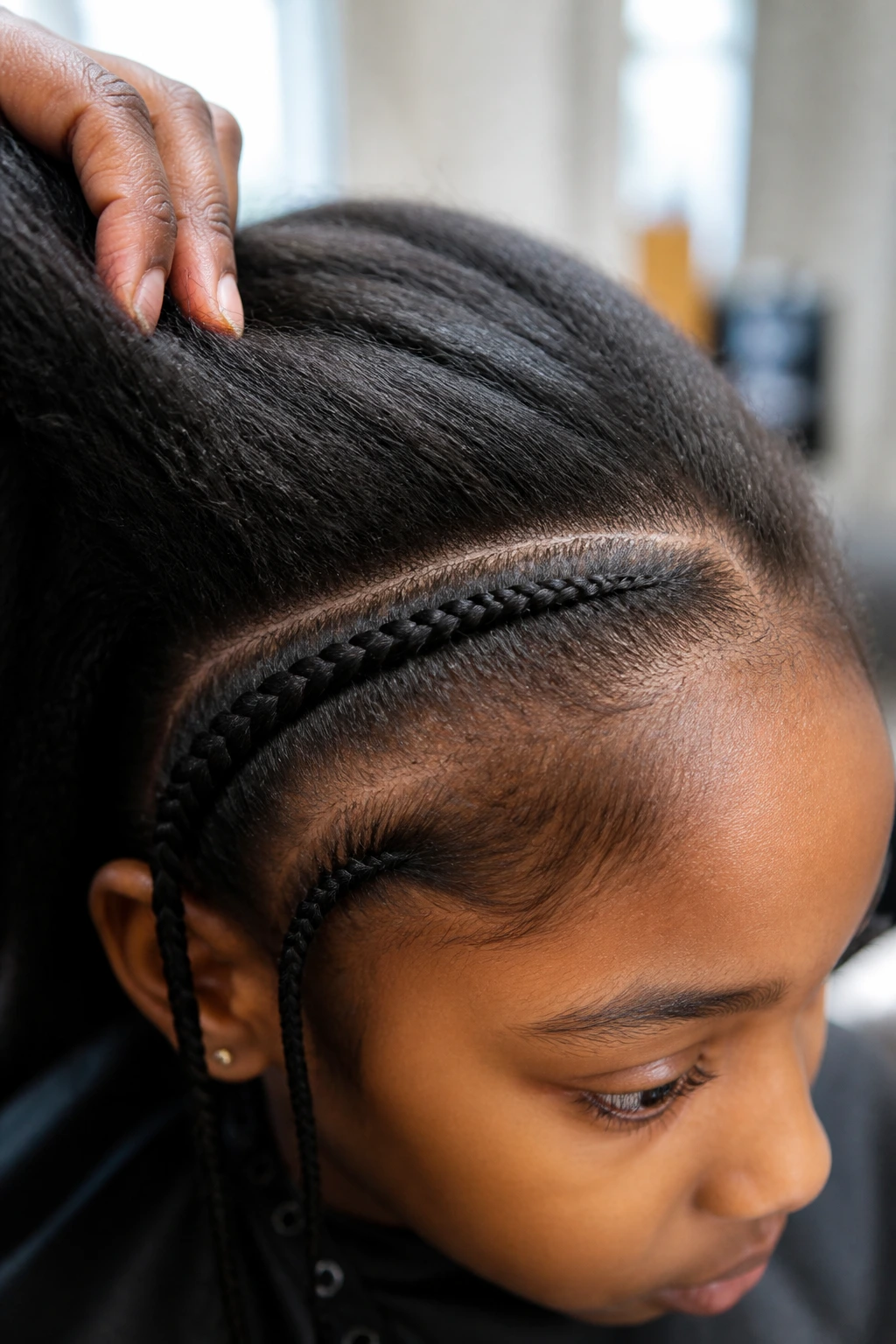 Close-up of a real child’s head during a thick-hair braid installation showing clean parting