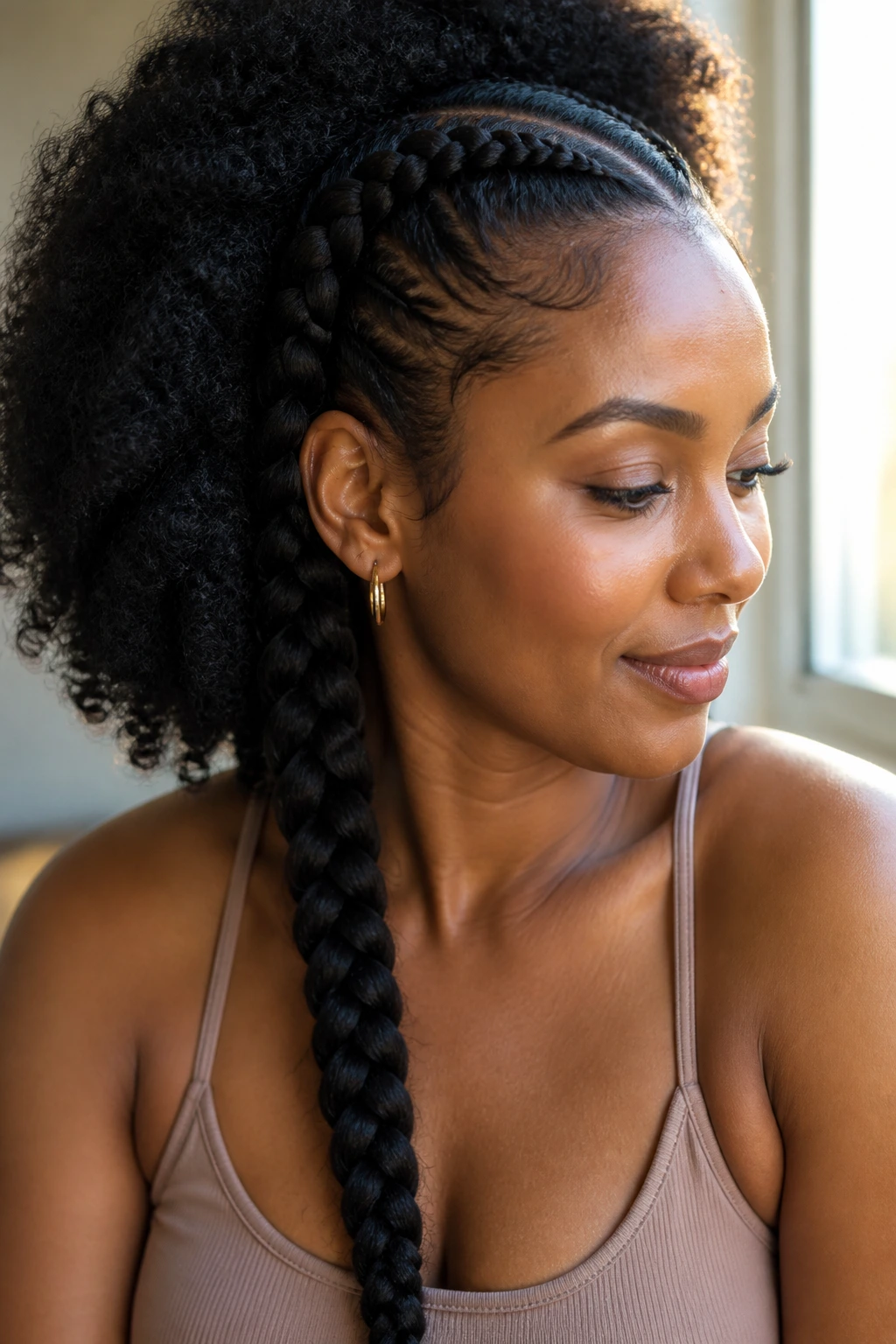 Close-up of a real woman with thick-coil hair in a large knotless braid demonstrating adaptation