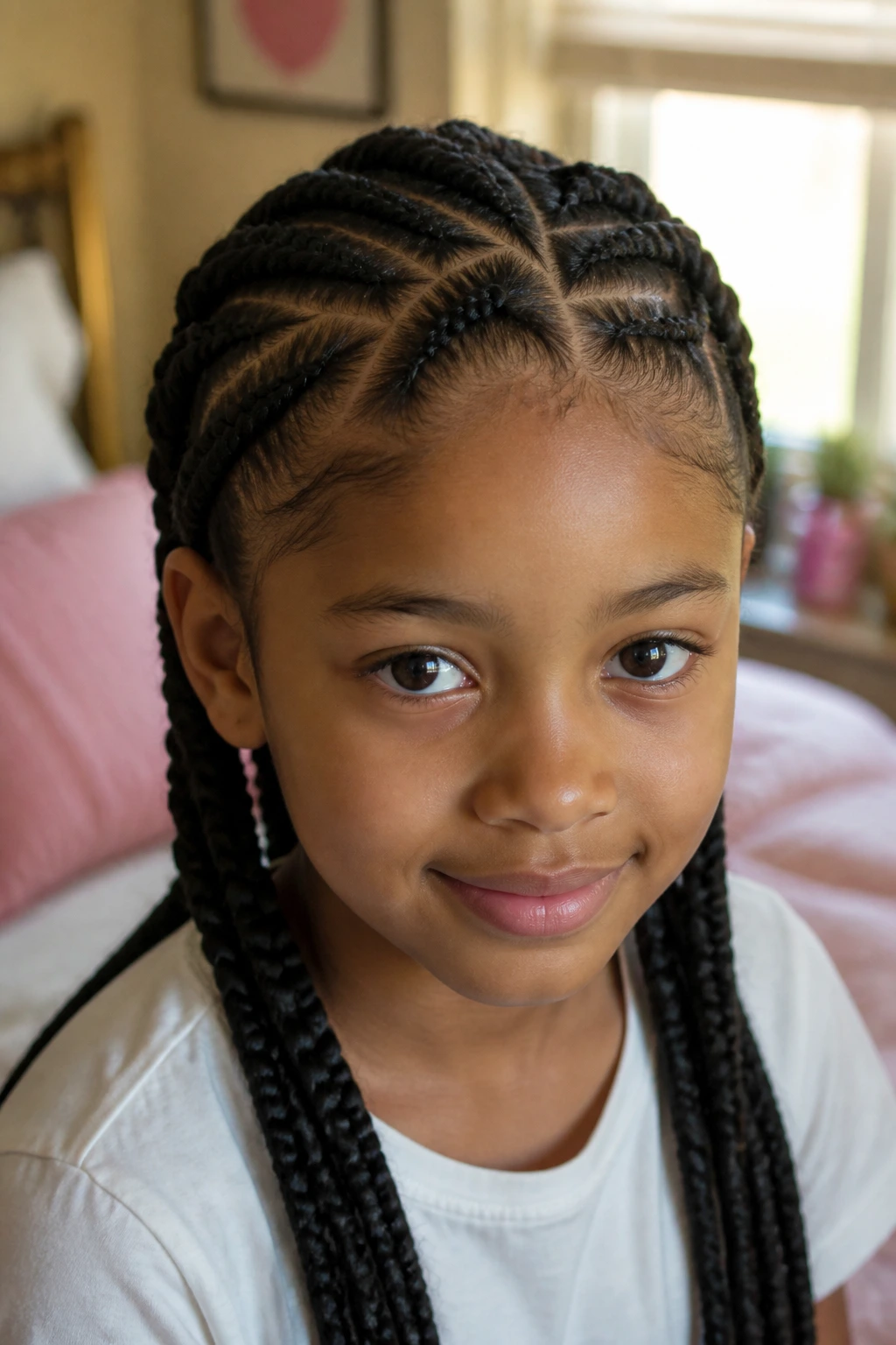 Close-up portrait of a real child with thick hair braided in geometric patterns to show shape retention