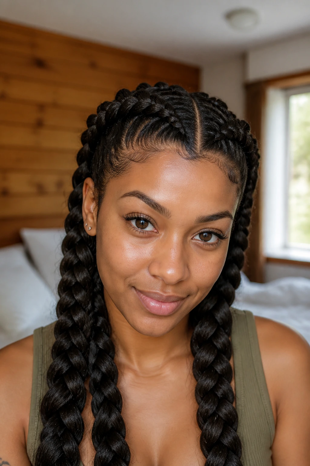 Close-up portrait showing Dutch braids on thick hair to keep pattern visible