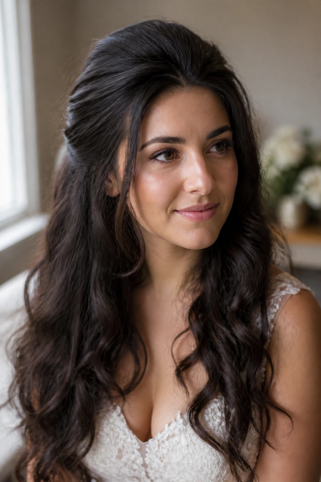Thoughtful real-bride portrait with thick hair in a bridal suite