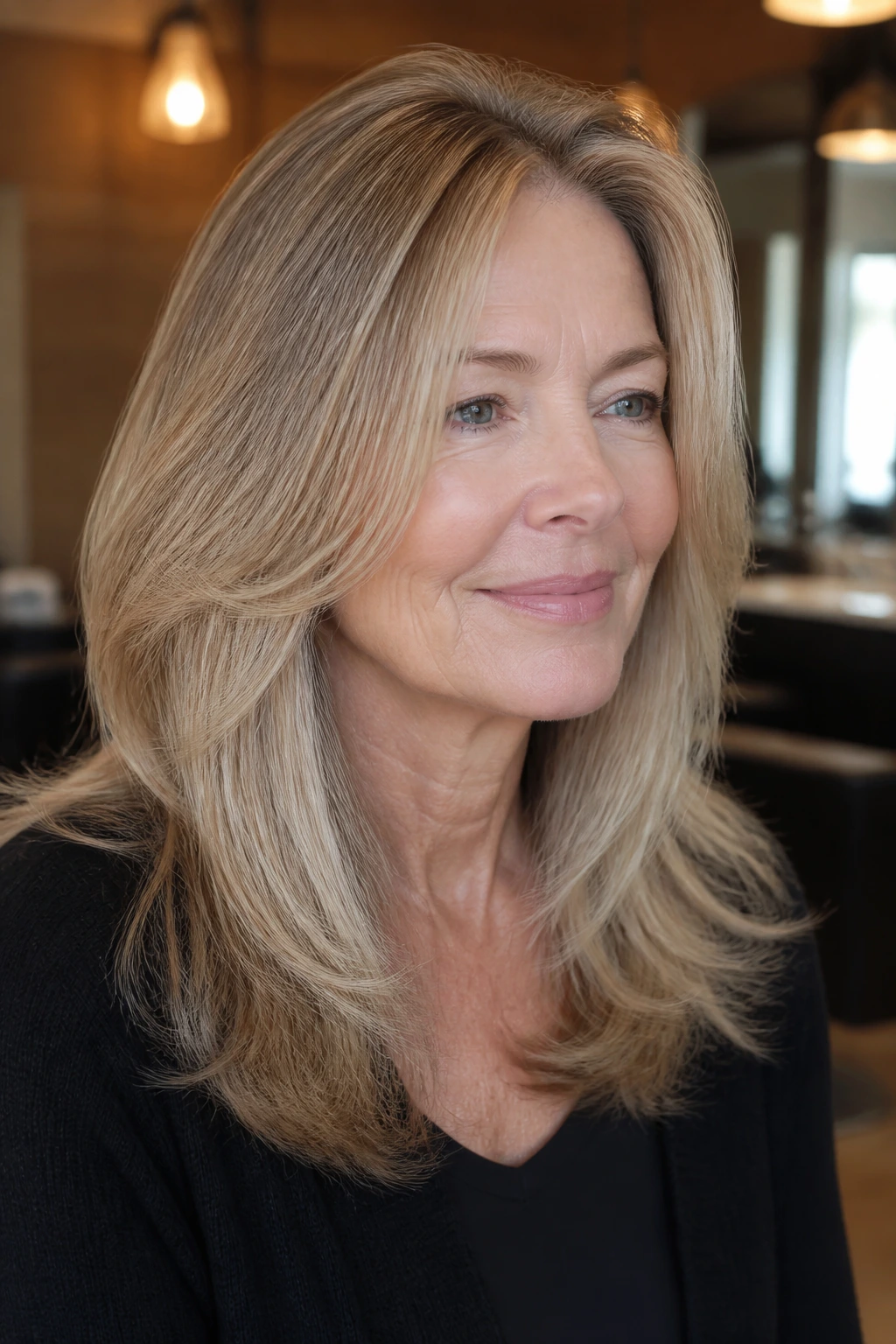 Close-up of a real woman with front face frame removing bulk from thick hair