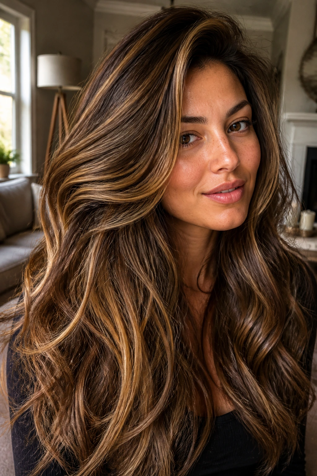 Close-up of thick hair with caramel highlights showing texture