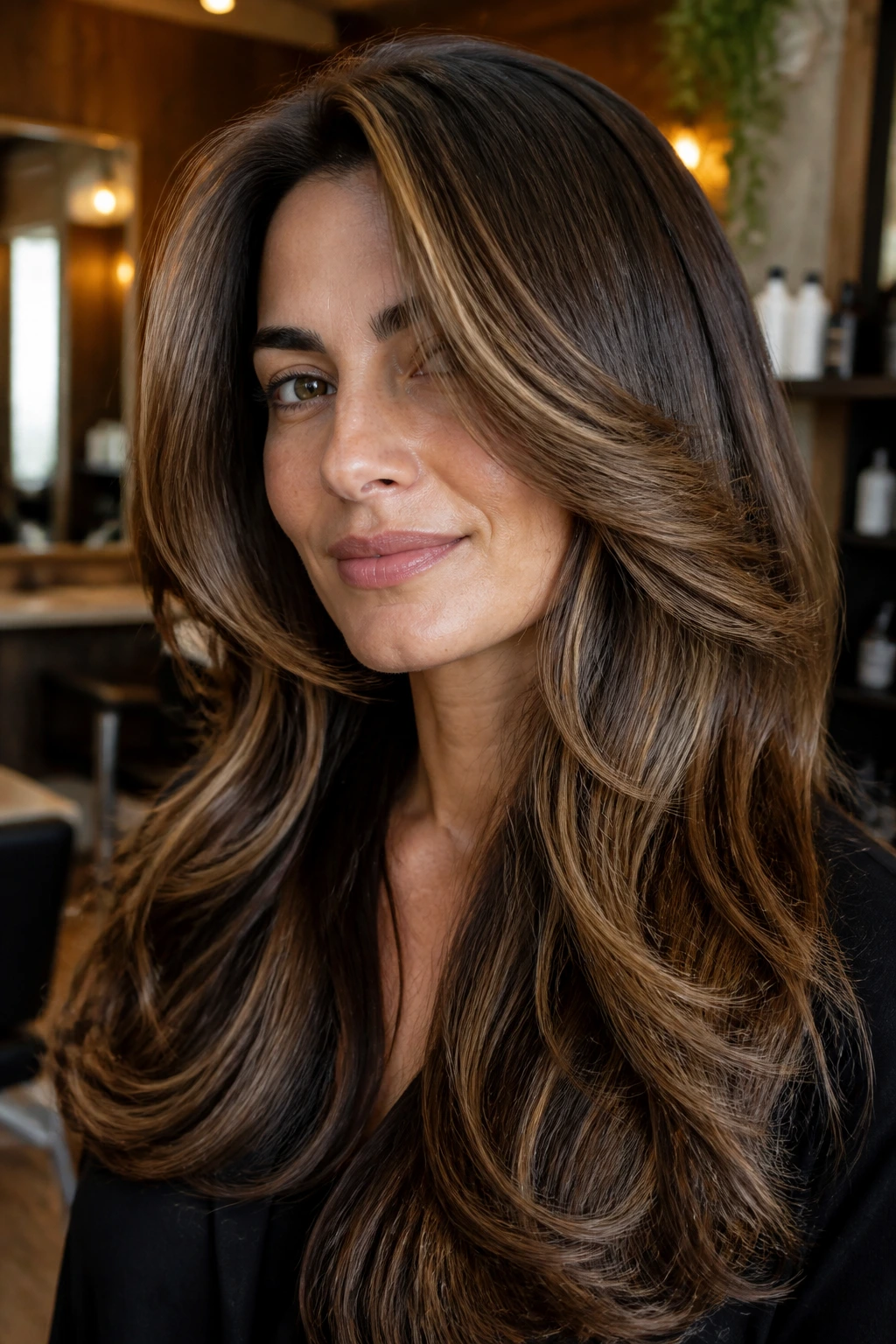 Close-up portrait of a real woman with thick layered hair and caramel highlights in a warm salon.