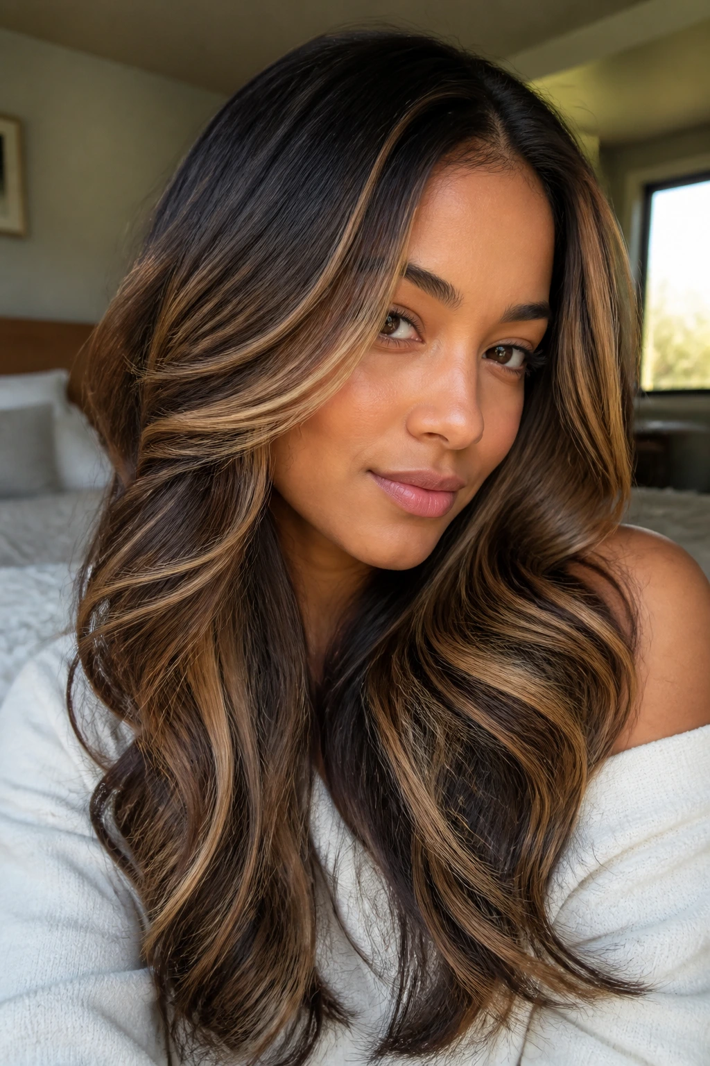Close-up of thick hair with caramel highlights framing a real person’s face in warm window light