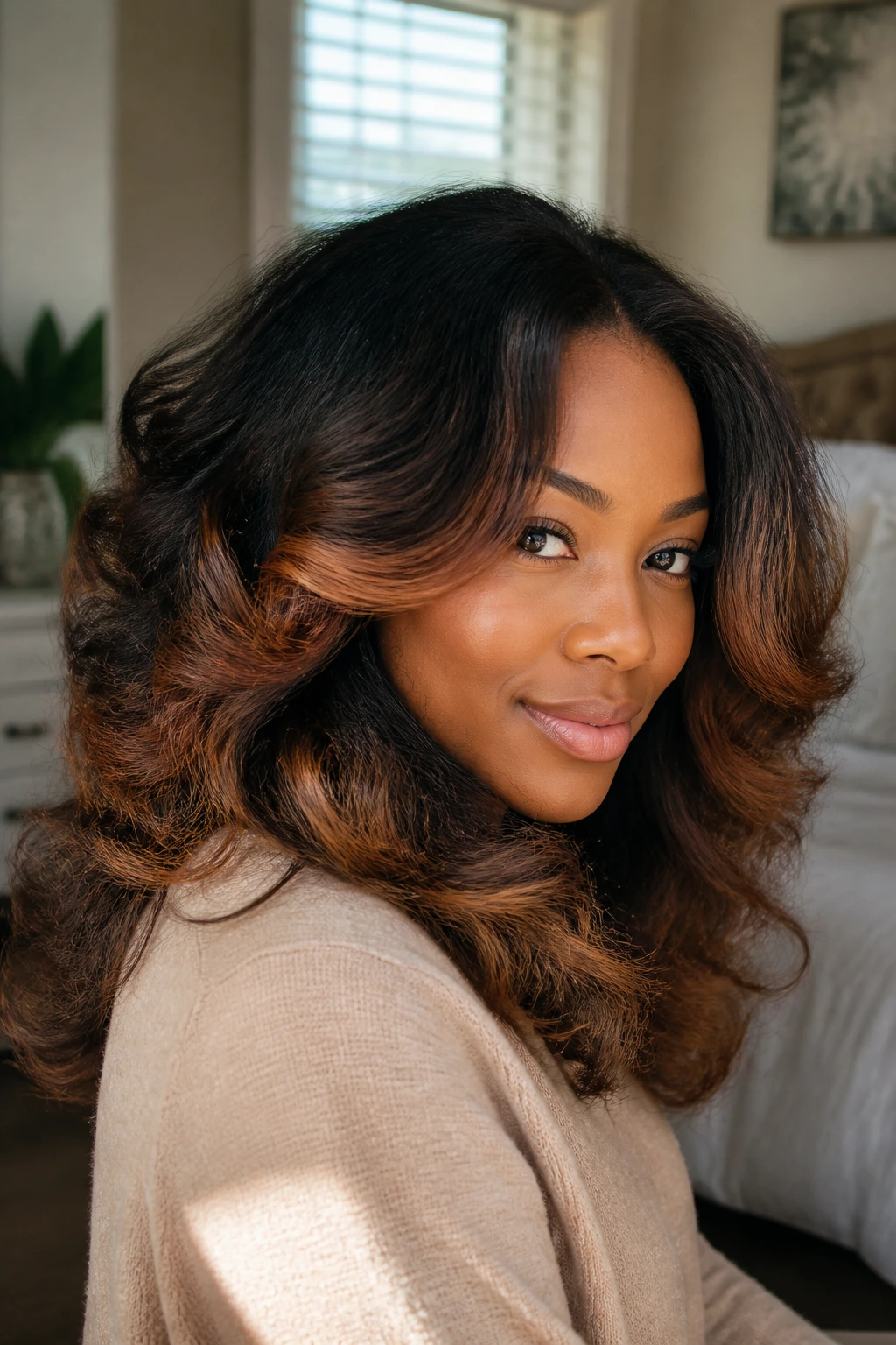 Close-up portrait of a real person with thick hair and caramel tones