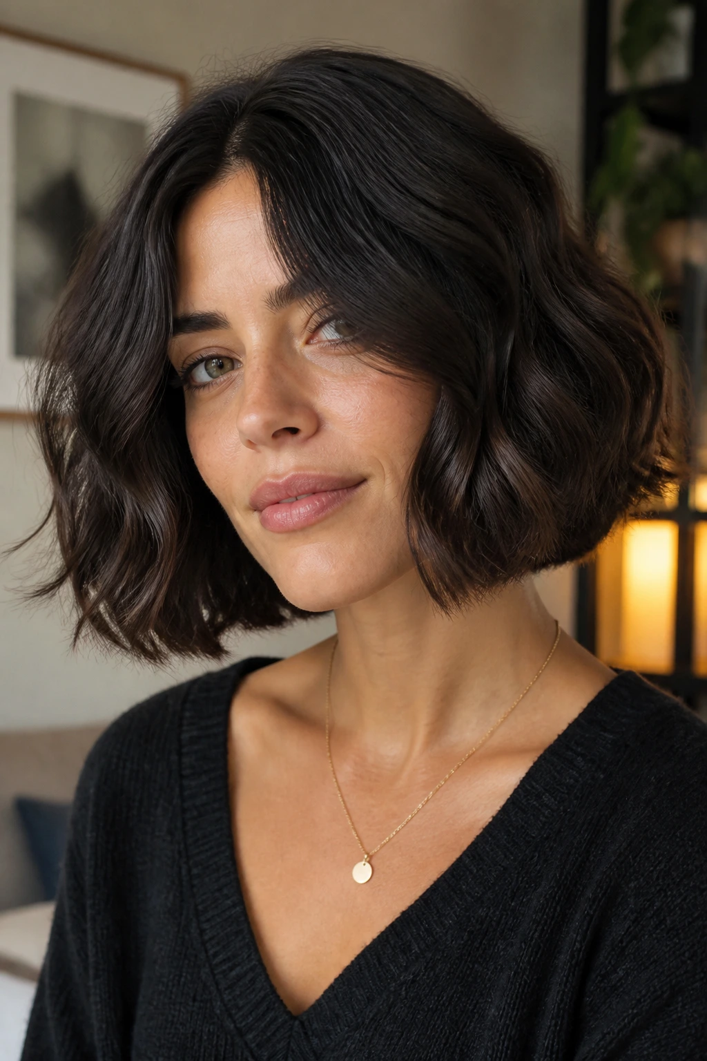 Close-up portrait of a real woman with Thick-Hair Center Bob showing dense waves and a clean chin-length silhouette