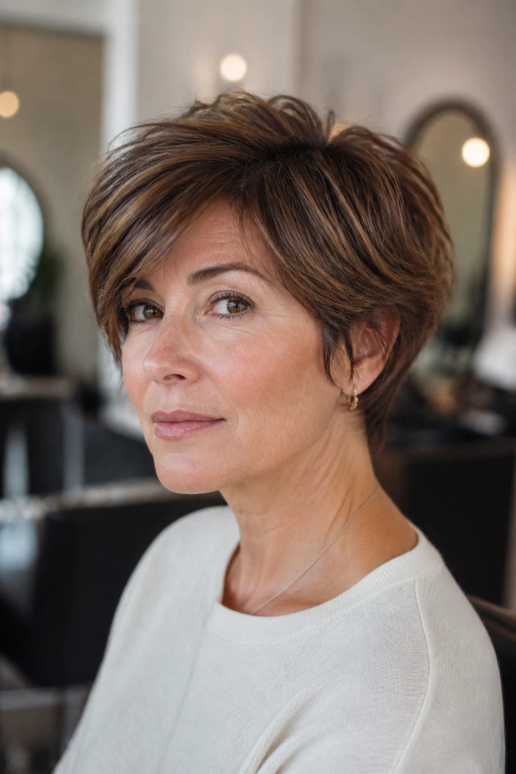 Real woman with thick hair in a thoughtful pose, short hairstyle selection.