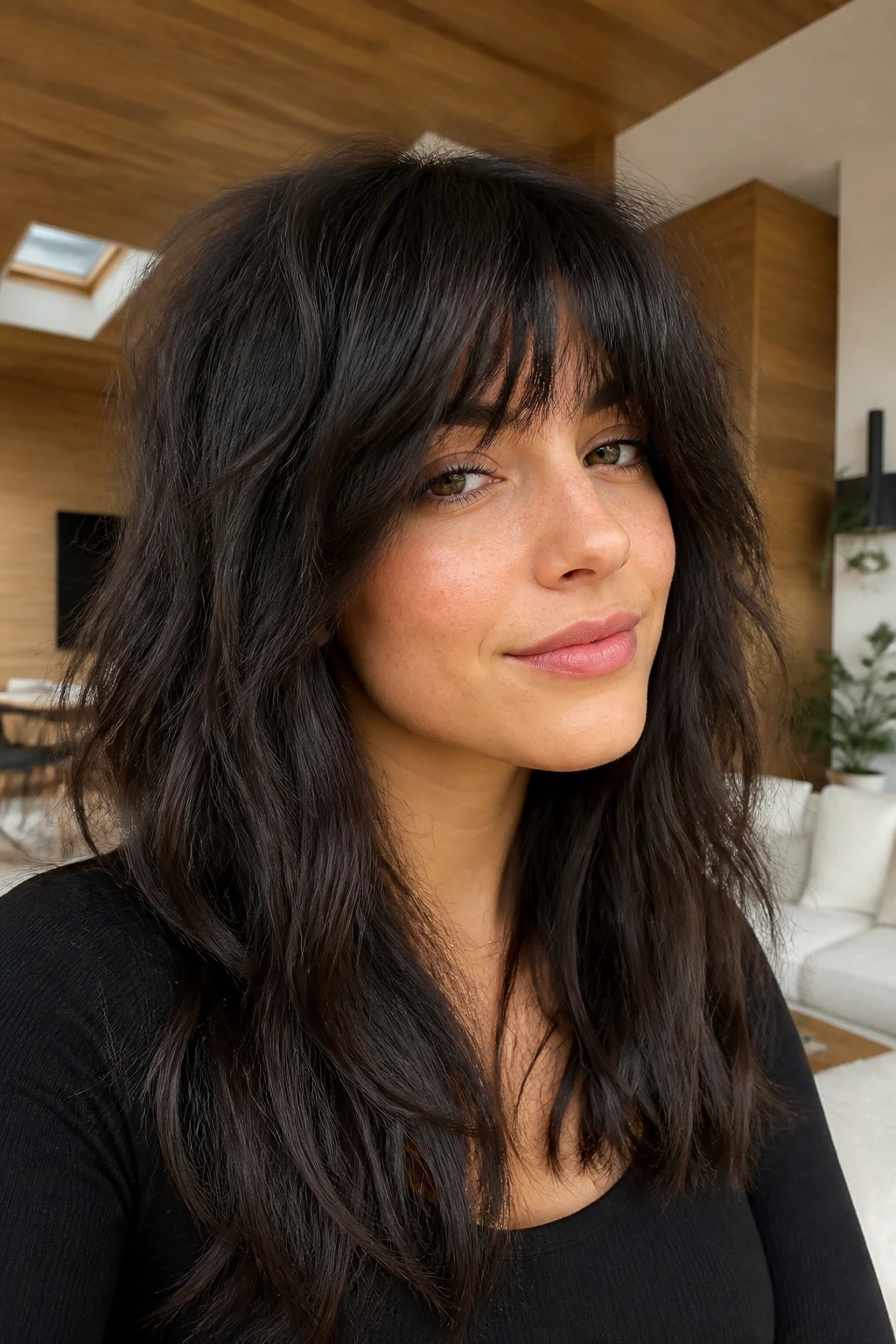 Close-up of a real person with thick hair and choppy bangs in bright living room light