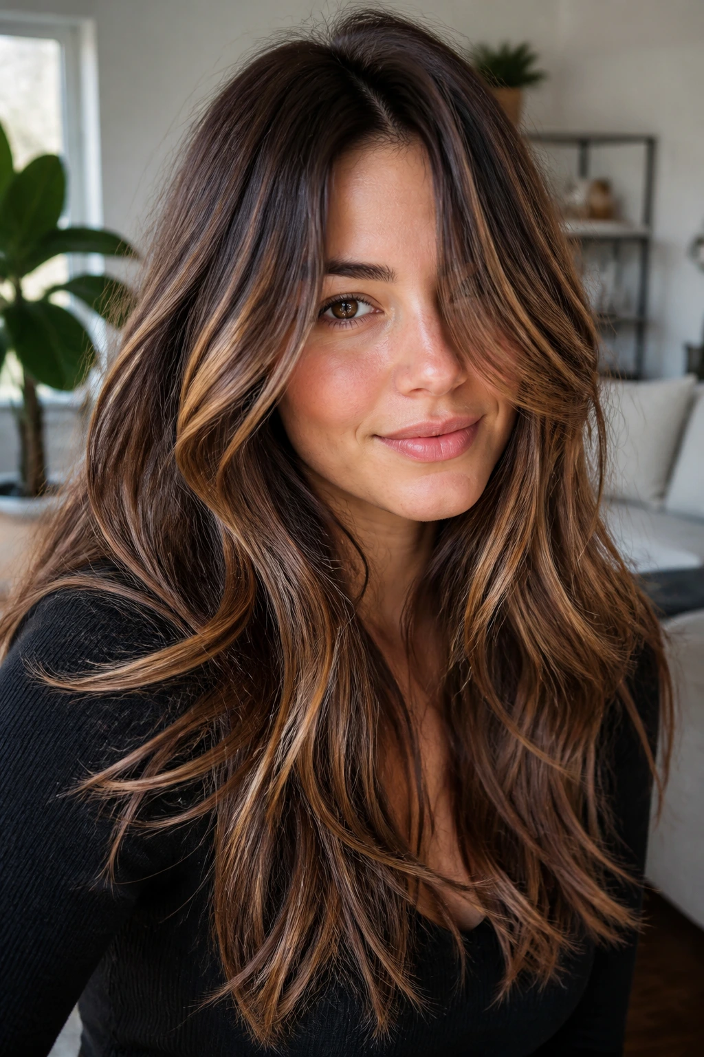 Close-up of a real woman with choppy textured layers and caramel highlights in thick hair