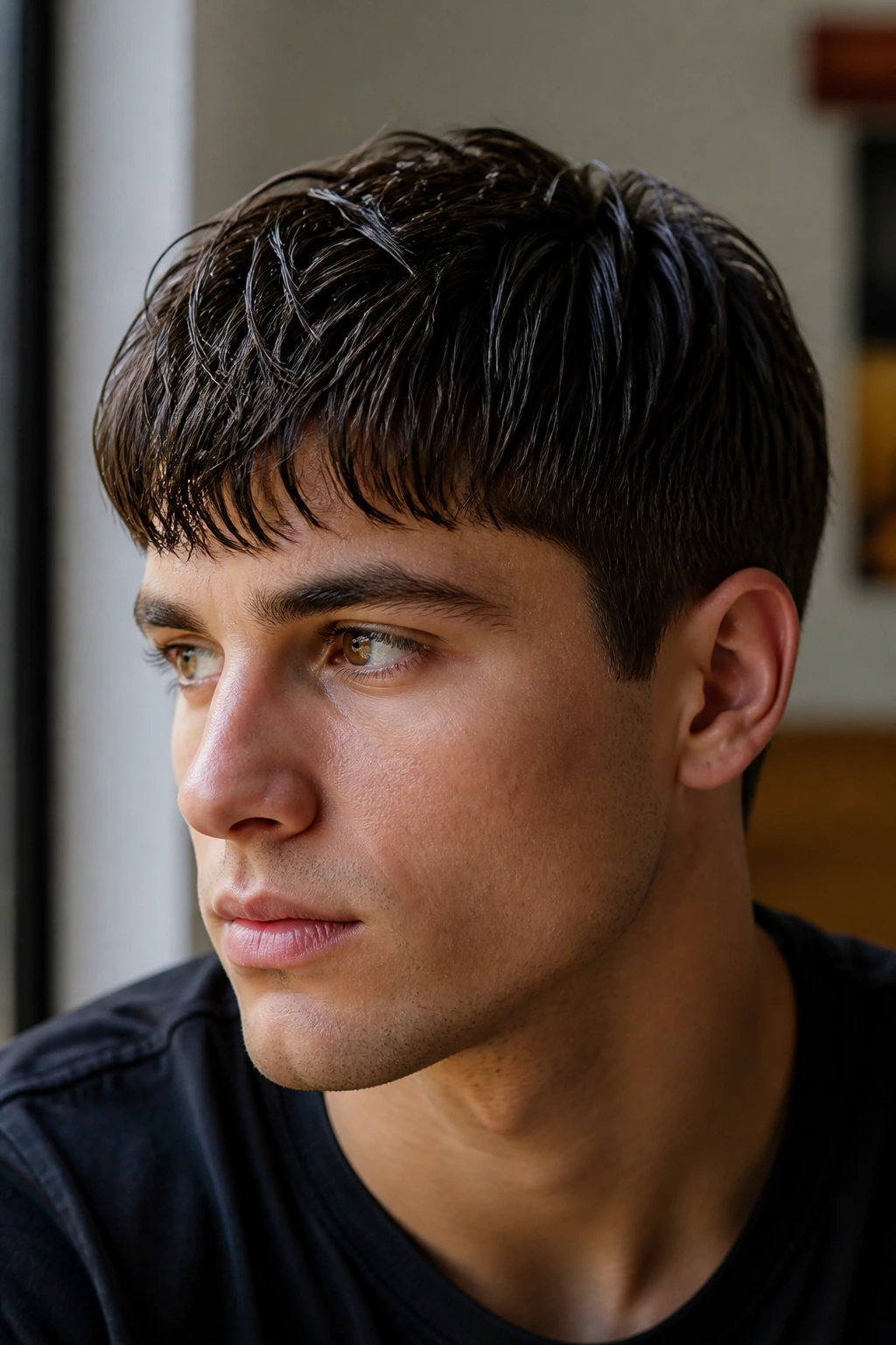 Close-up portrait of a real man with thick hair styled close to the head showing smooth roots and forward-front lock
