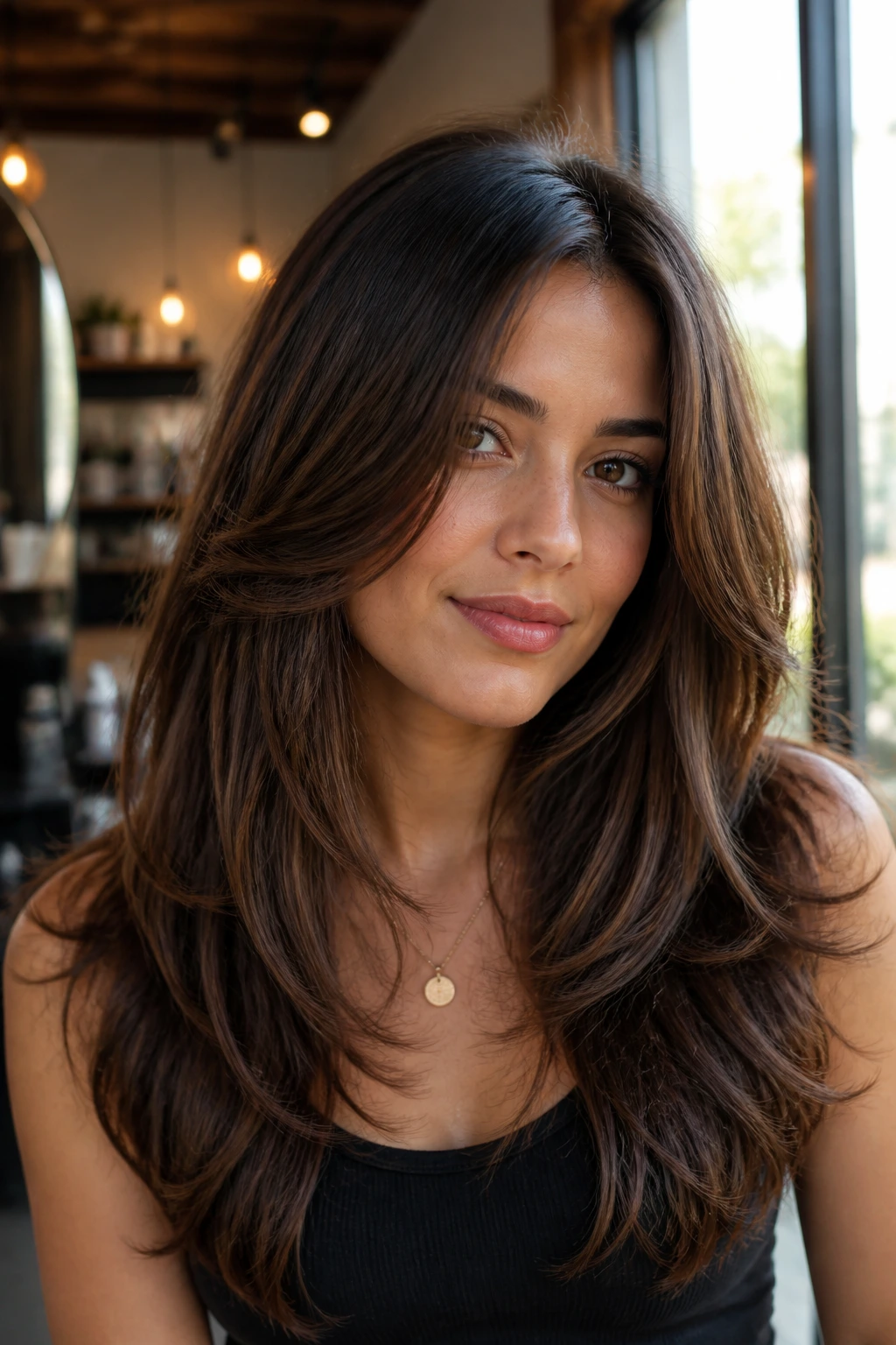 Close-up portrait of thick-haired woman with face-framing layers in a warm salon.