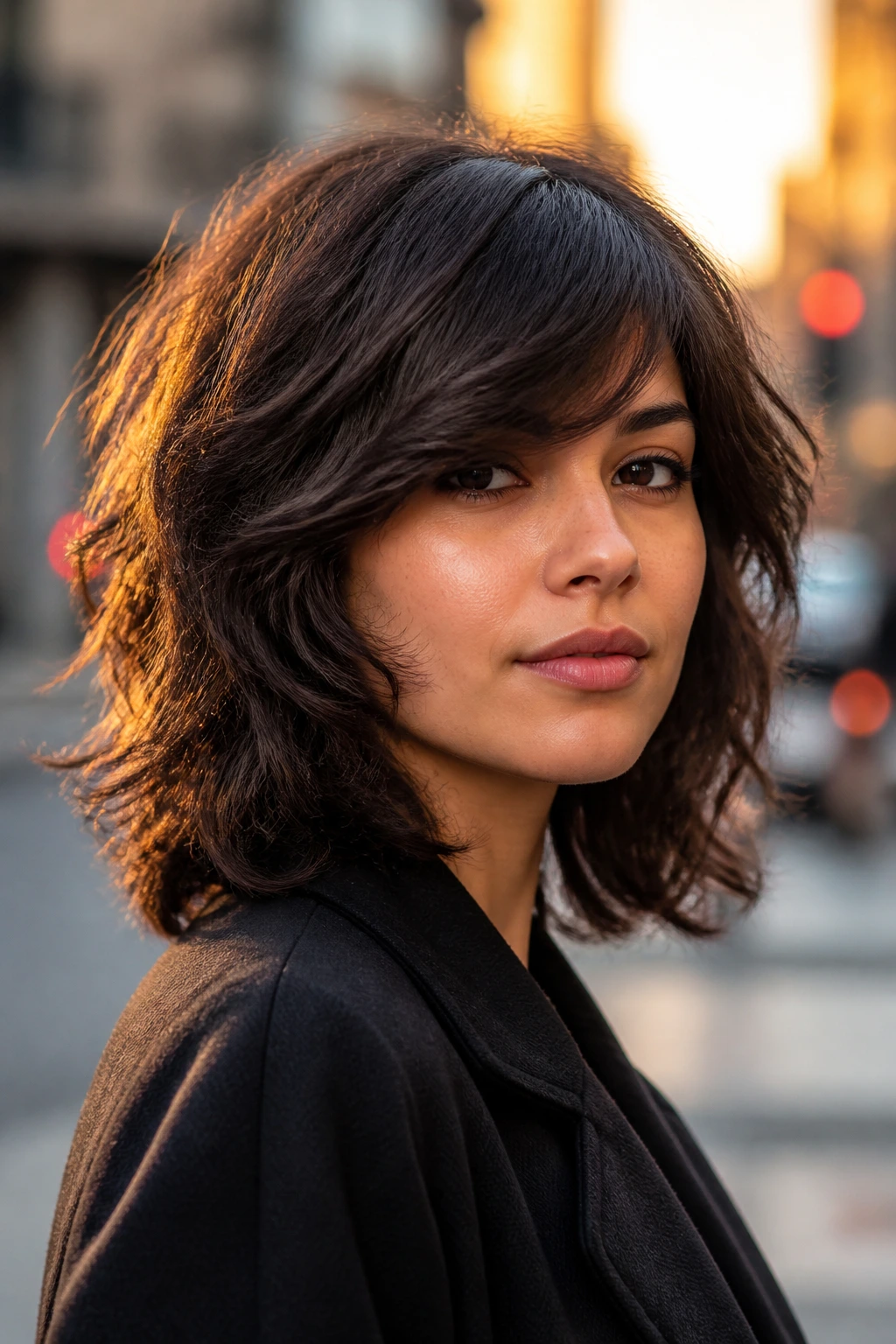 Real woman with thick-hair control shag and smooth side-swept bangs.