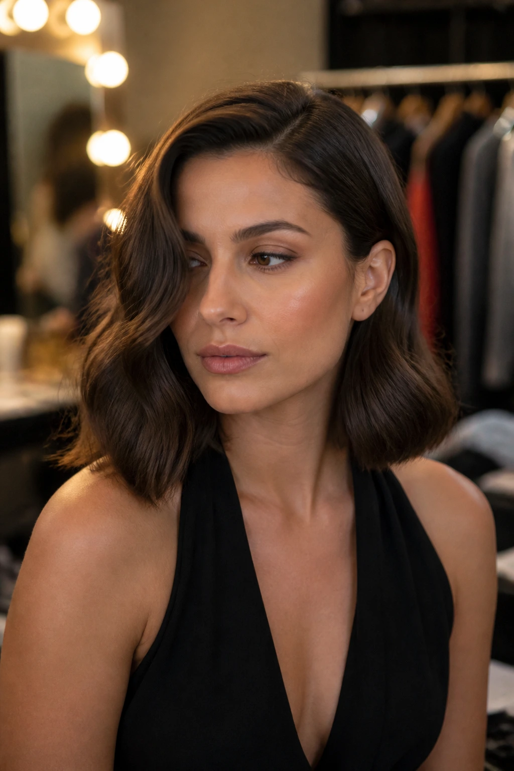 Medium close-up of a real person with a thick bob and controlled wave in backstage dressing room