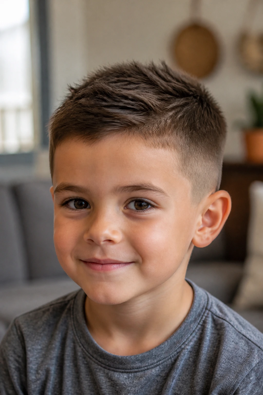 Five-year-old boy with textured crew cut and tapered sides in warm home lighting