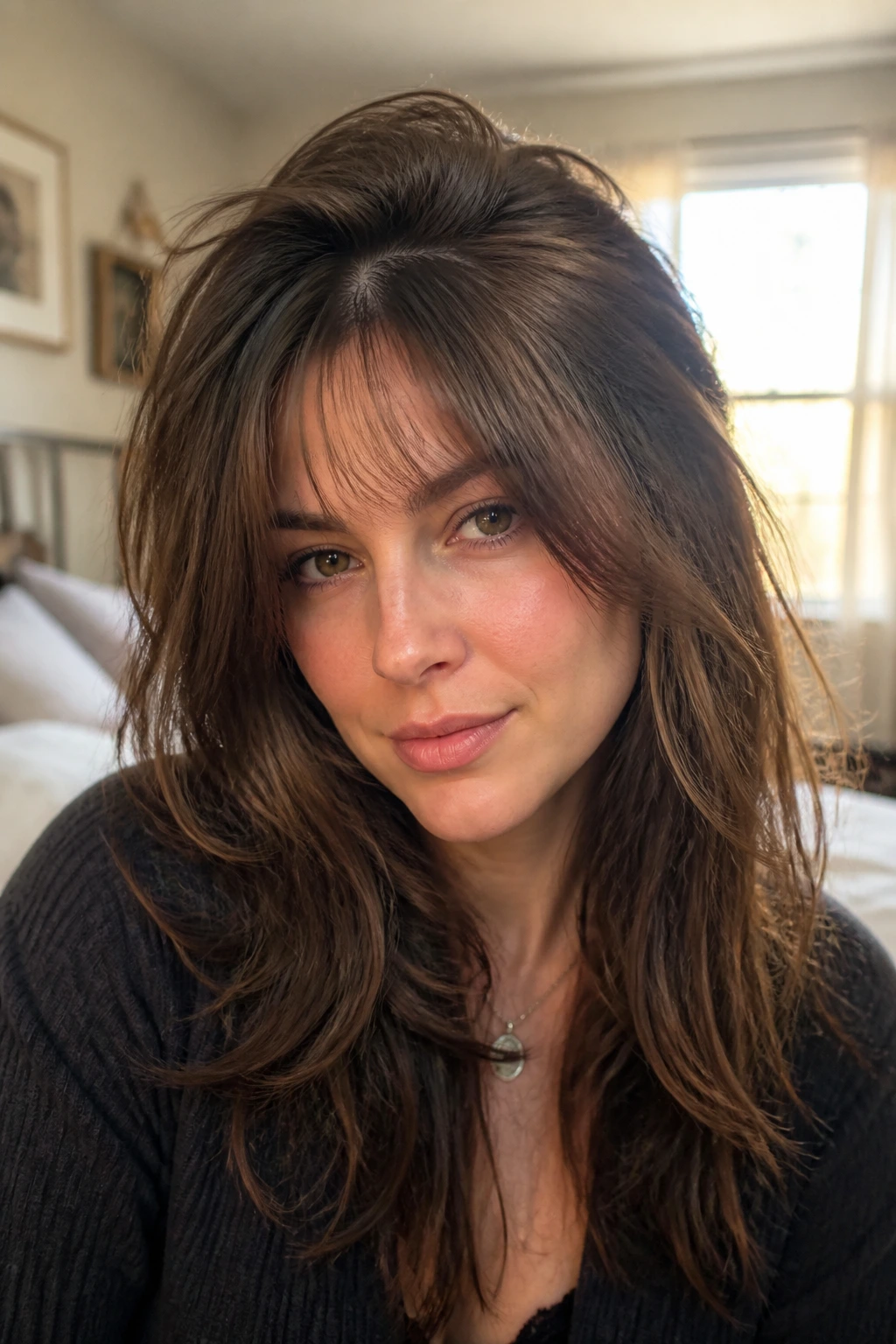 Close-up portrait of a real woman with thick hair showing crown lift and face-framing layers in a cozy bedroom