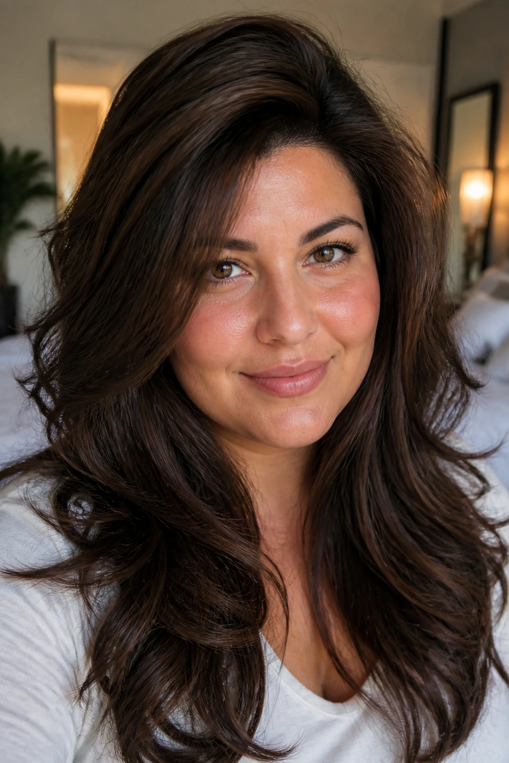 Close-up of a real woman's thick hair styled with crown lift and layered sides.