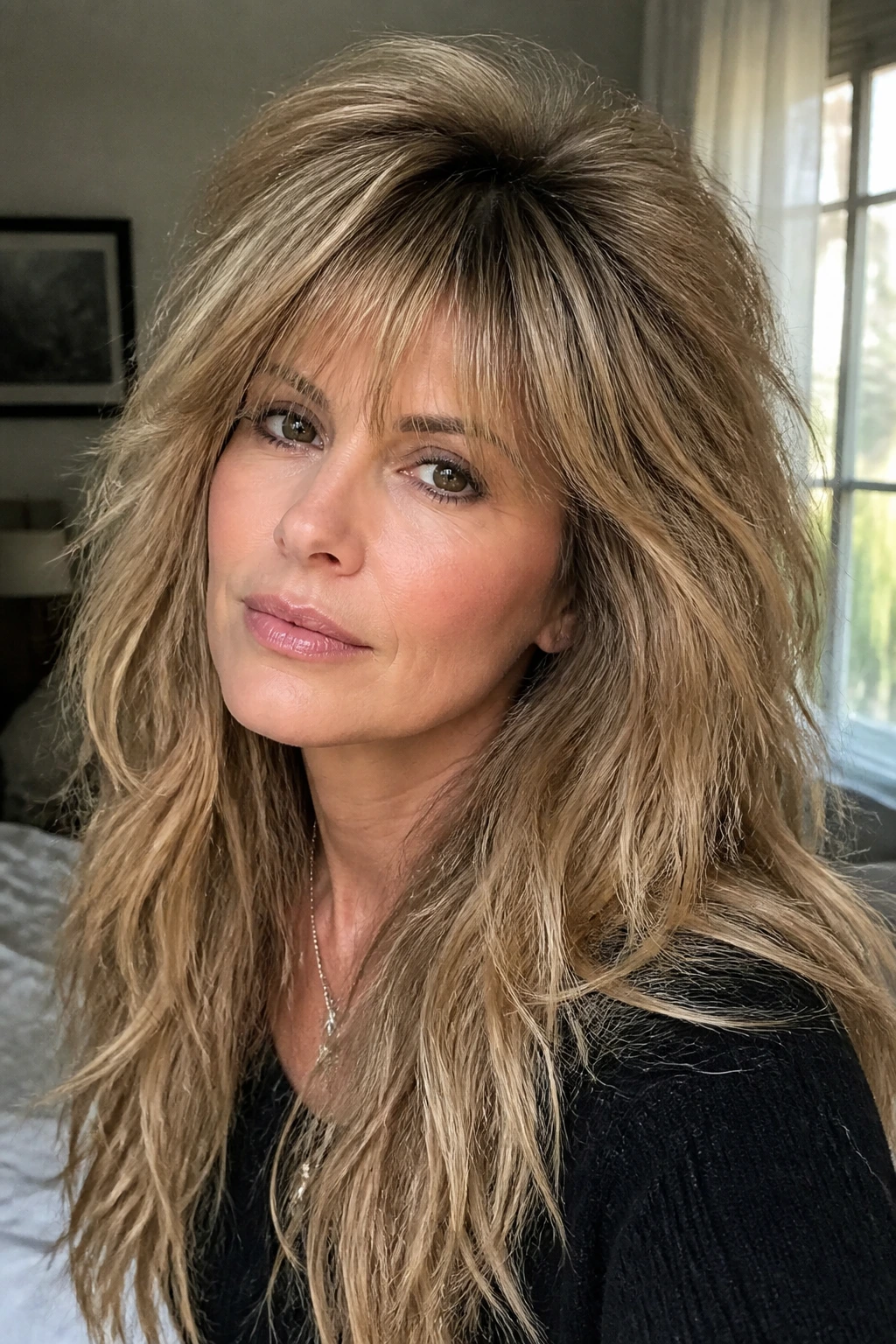 Close-up of a real person with thick hair showing lifted crown and smooth texture indoors