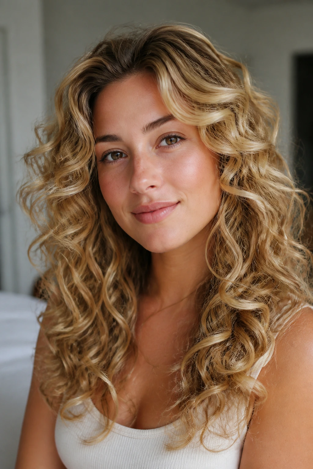 Portrait showing thick hair with layered curls on a heart-shaped face