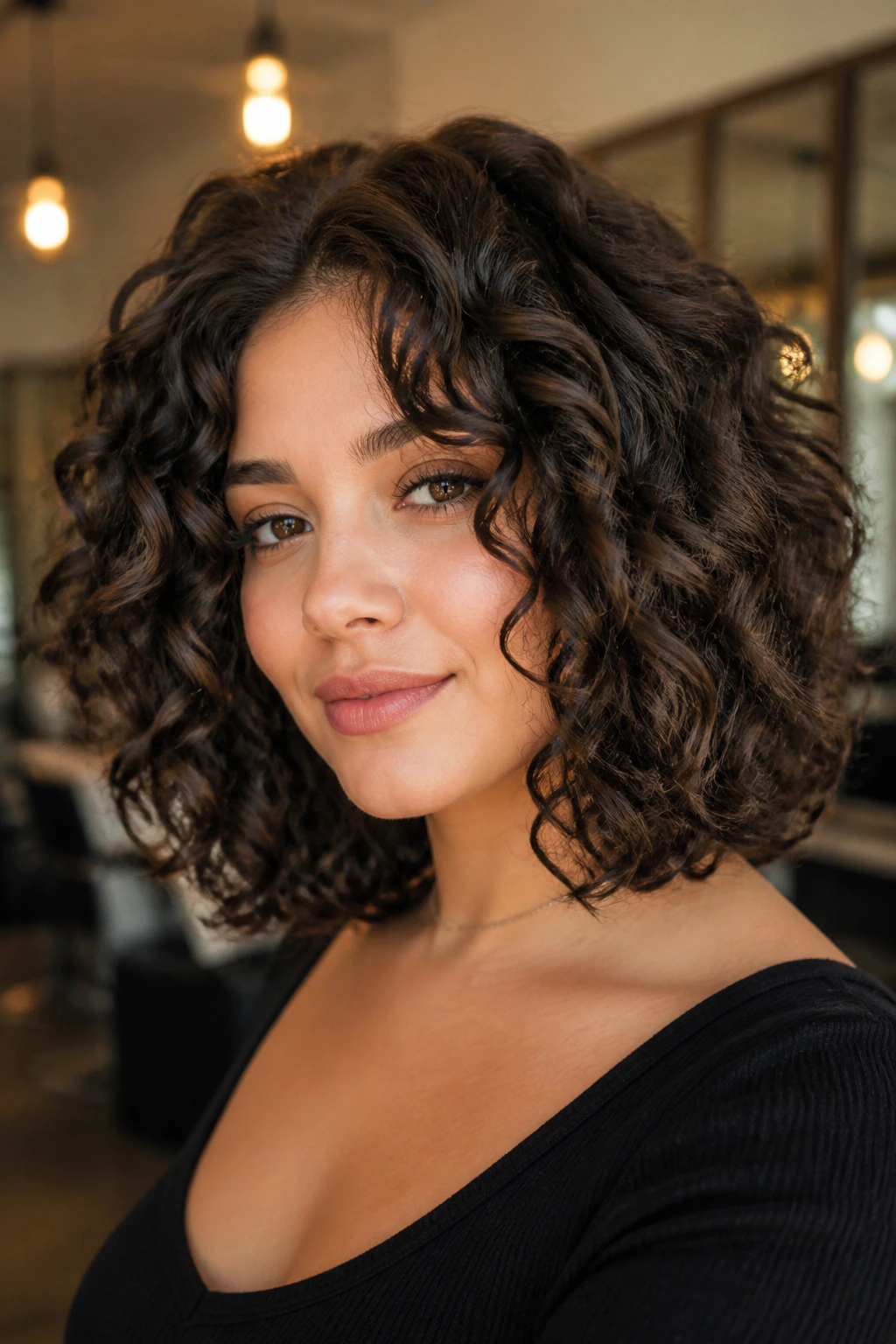 Portrait of a real woman with thick curls in a shoulder-length curly lob in a salon setting