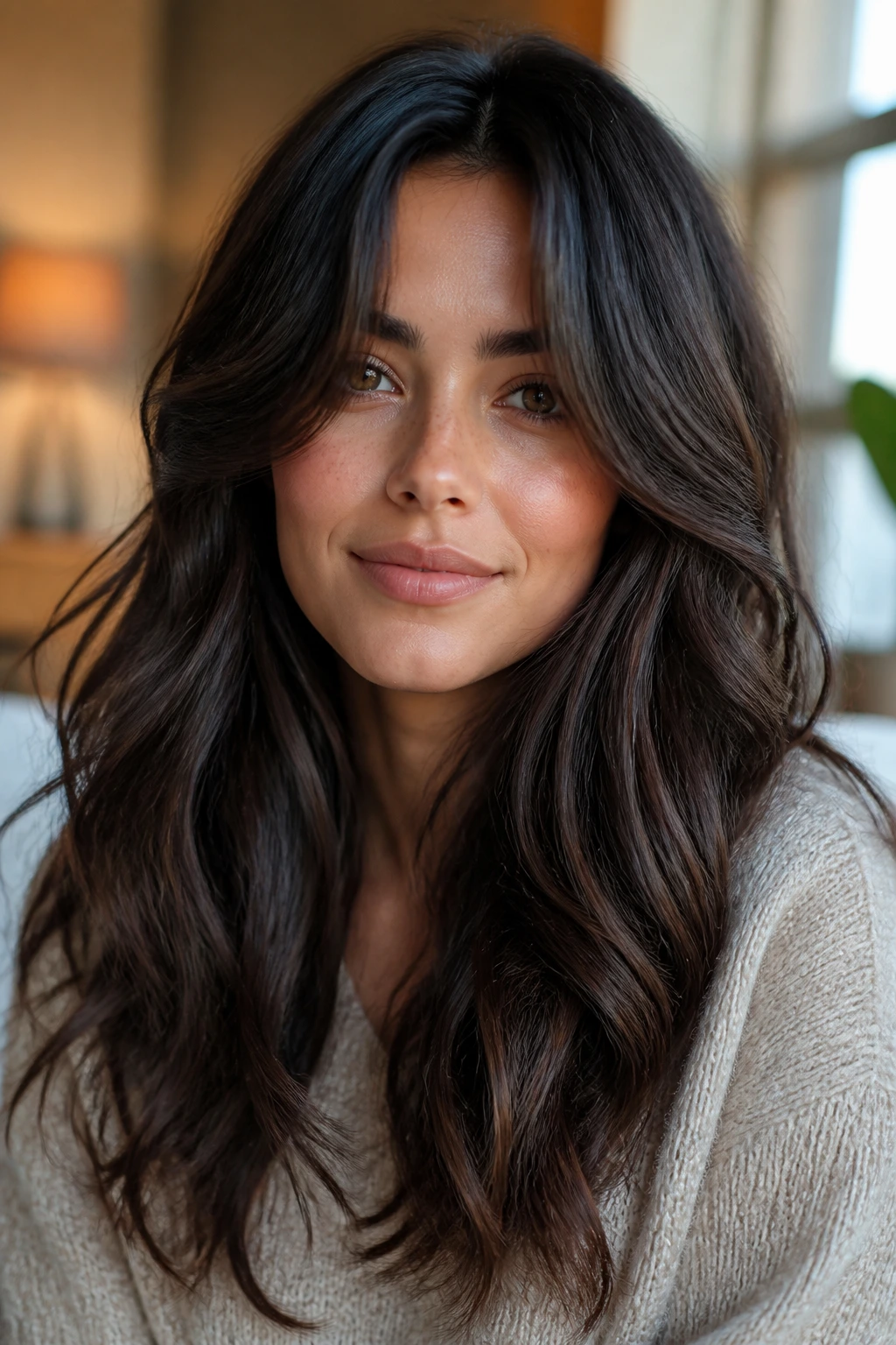 Portrait showing thick hair with curtain bangs holding shape in winter