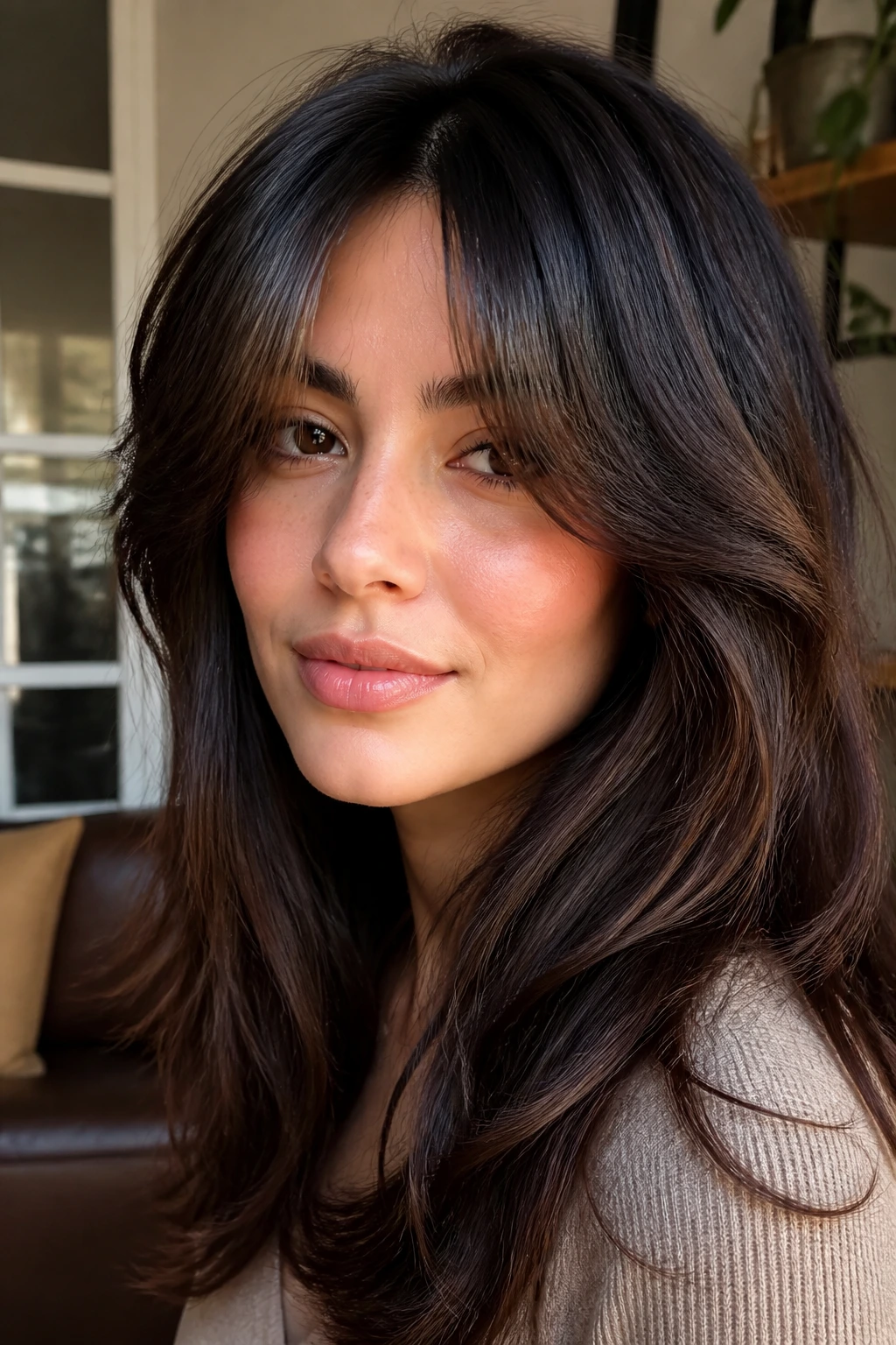 Close-up of thick hair with curtain bangs showing weight and center split