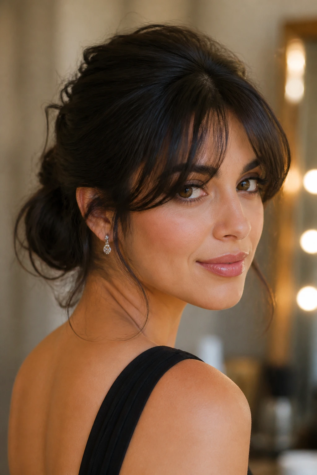 Close-up of a real woman's head showing thick hair and curtain bangs in a soft formal style