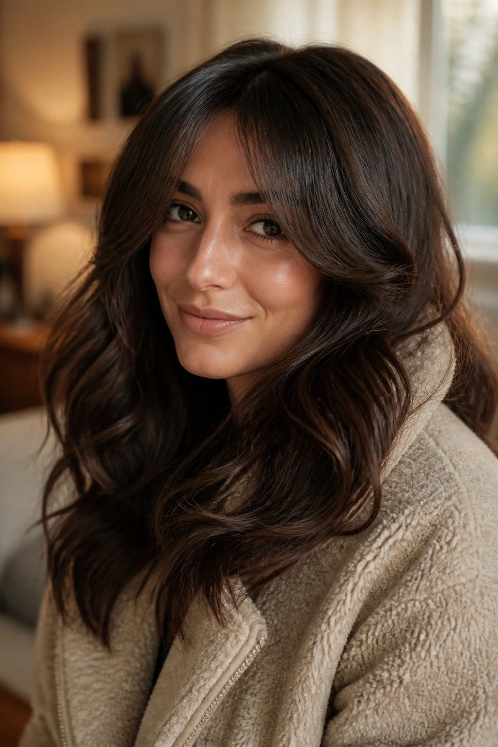 Close-up portrait of a woman with thick hair and curtain bangs in a winter coat by a window