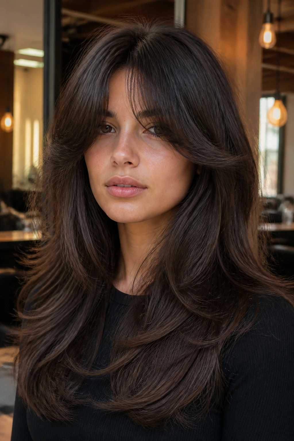 Close-up of real person with thick curtain layers and heavier fringe in a salon