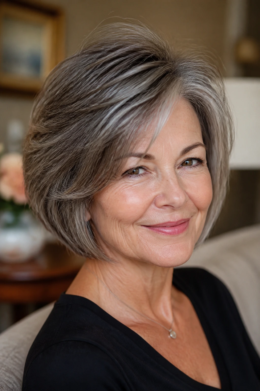 Close-up portrait of a real woman with thick hair showing a clean cut perimeter and subtle interior layers