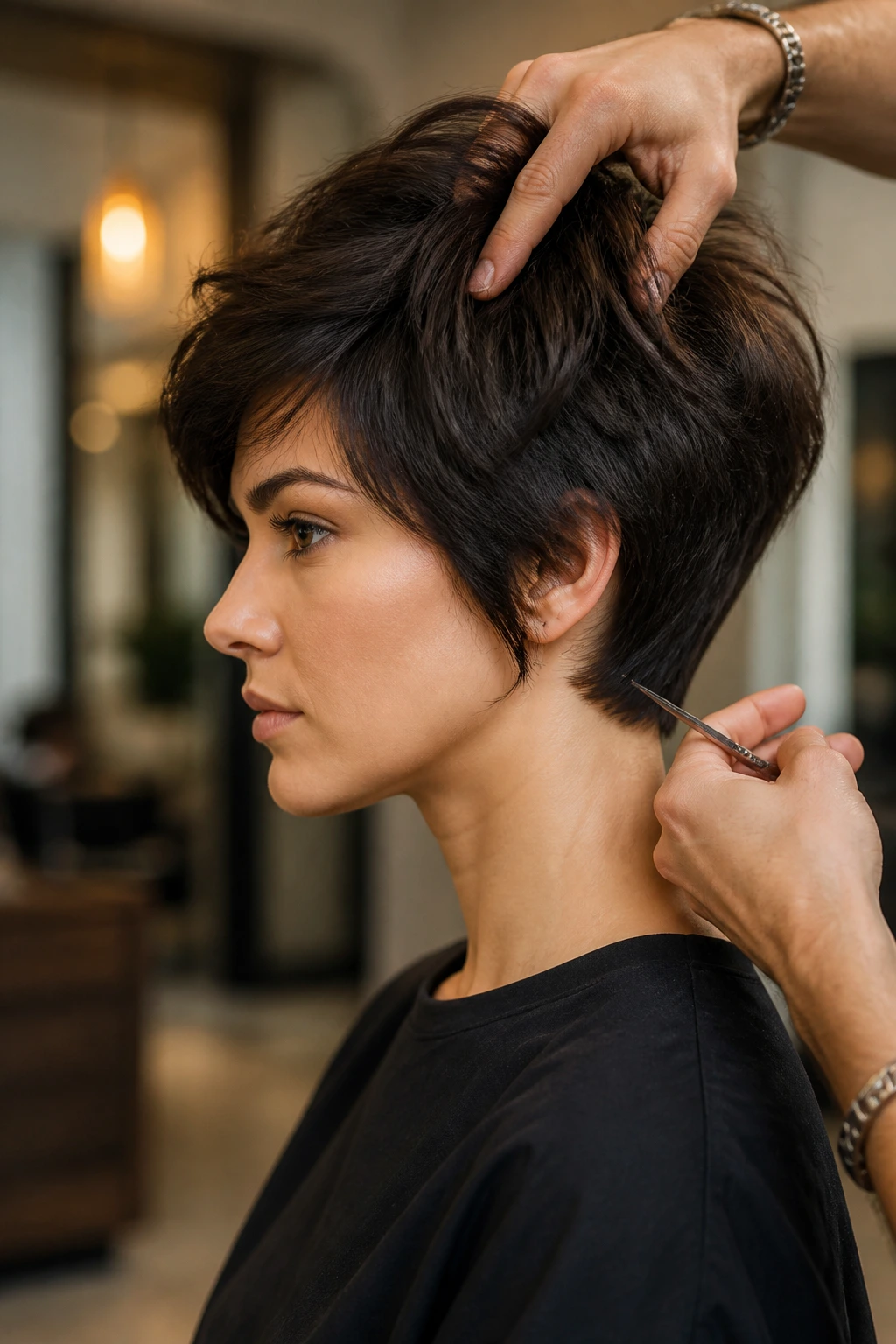 Hairstylist hands shaping short thick hair on a real client in a warm salon