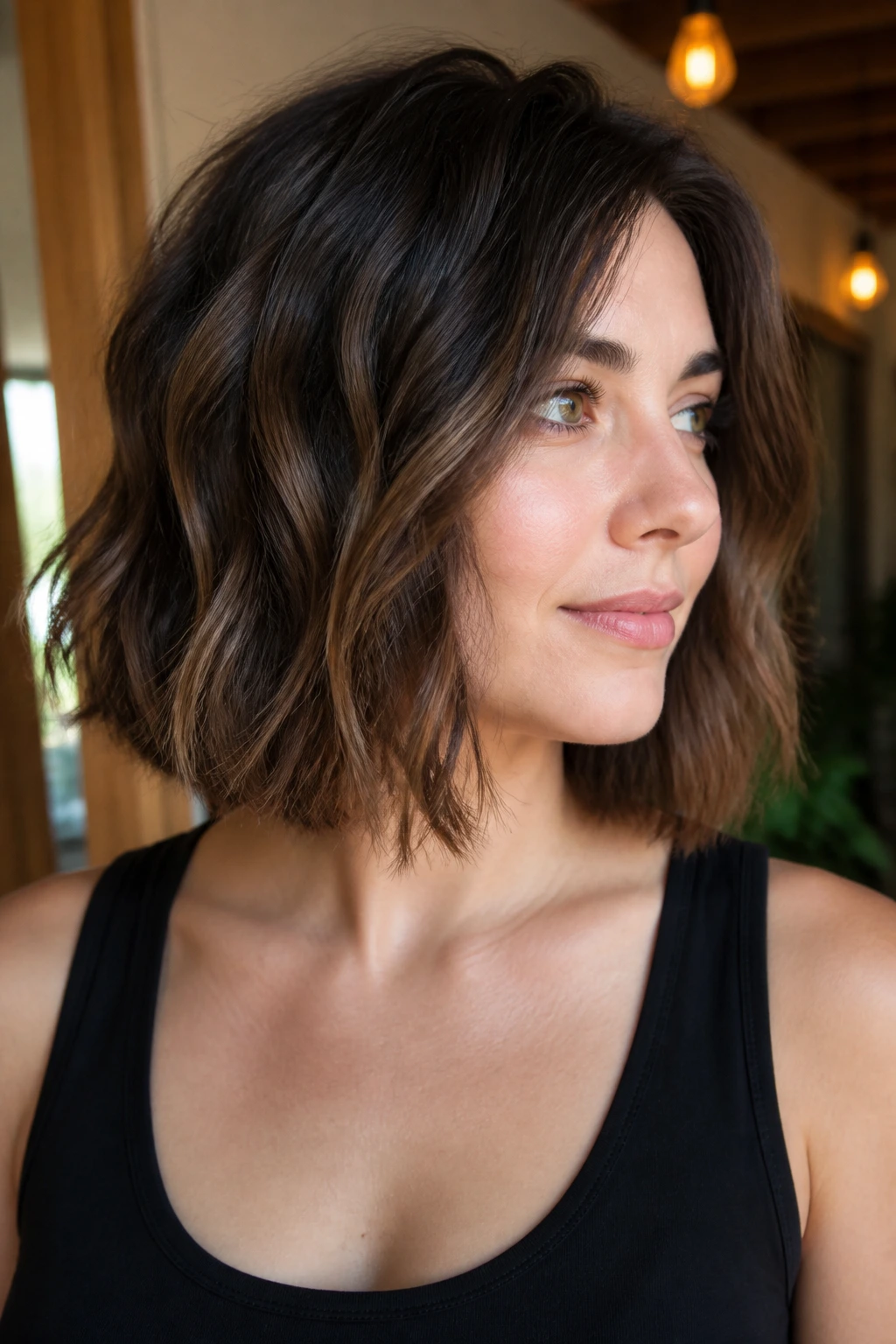 Close-up portrait of a real woman with a thick-hair debulk bob at collarbone length