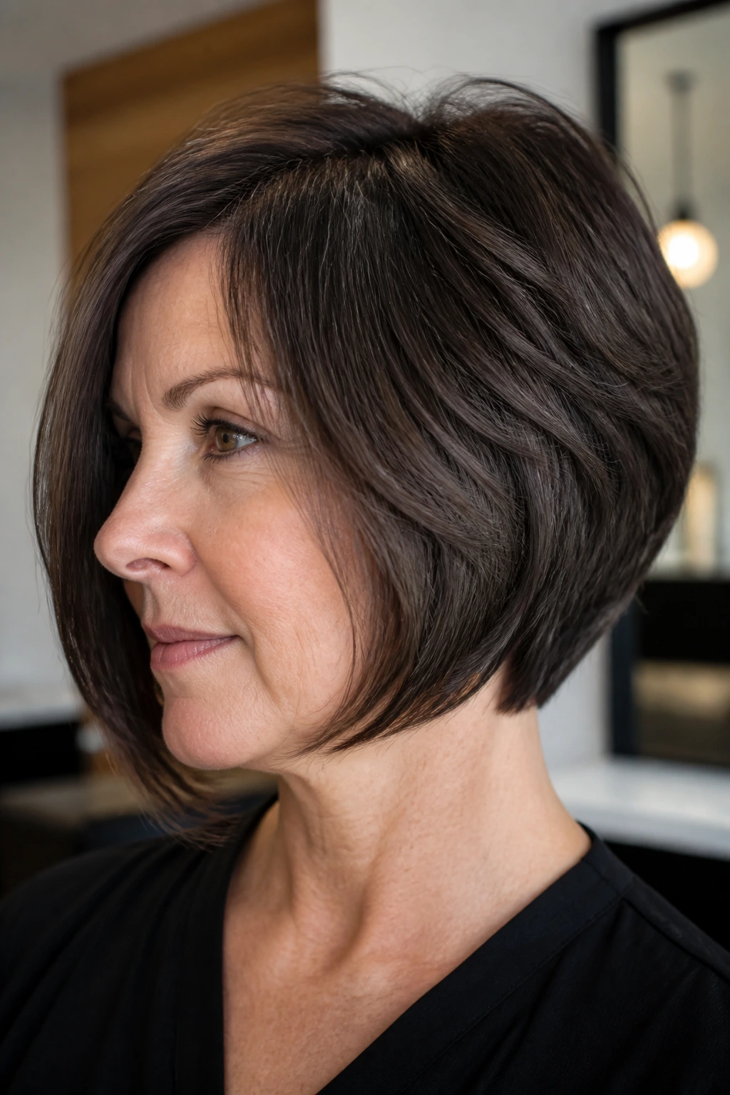 Close-up of a real woman with thick hair showing hidden weight removal for a clean bob