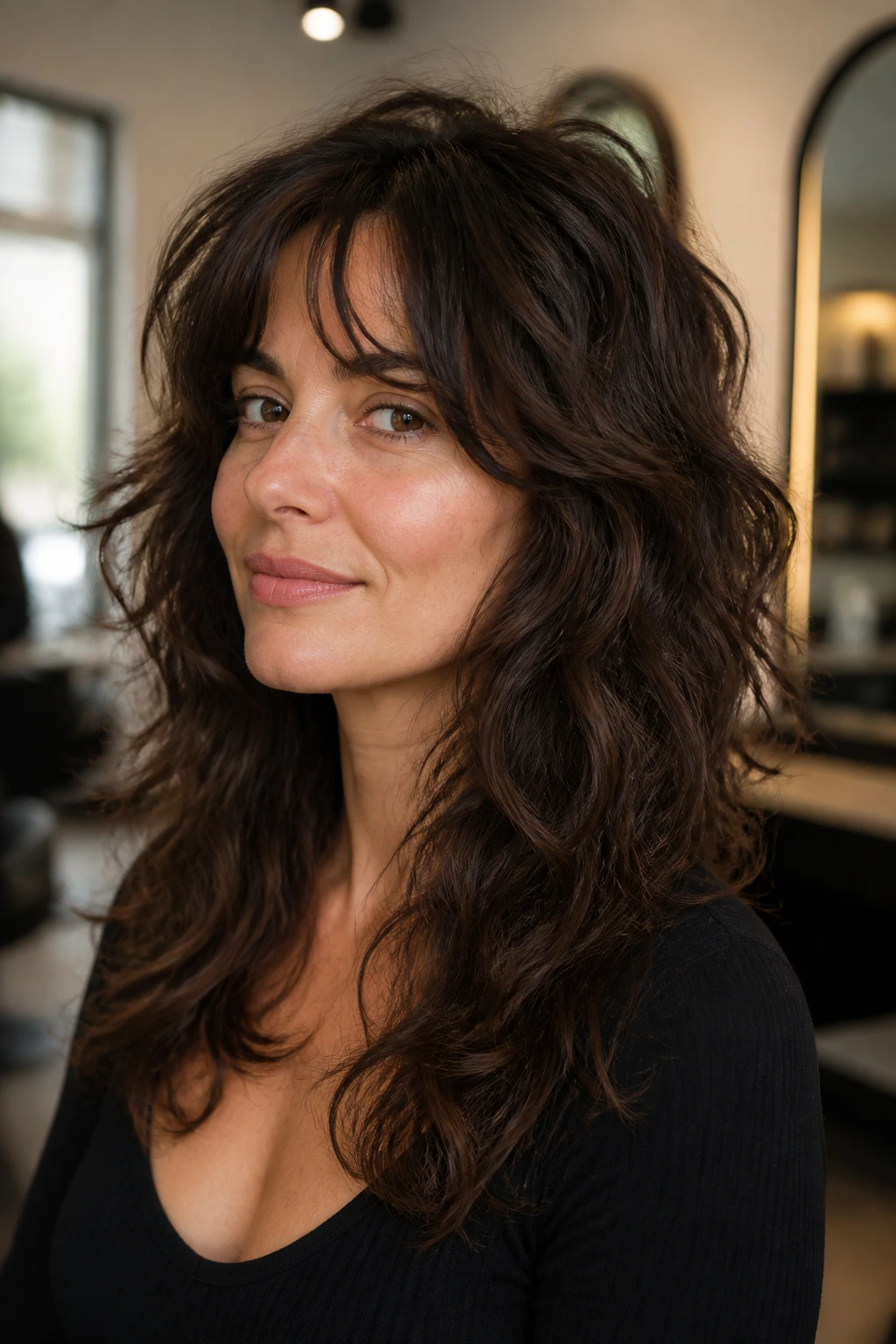 Close-up portrait of a real person with Thick-Hair De-Bulk Shag showing de-bulk layers in thick wavy hair in a salon.