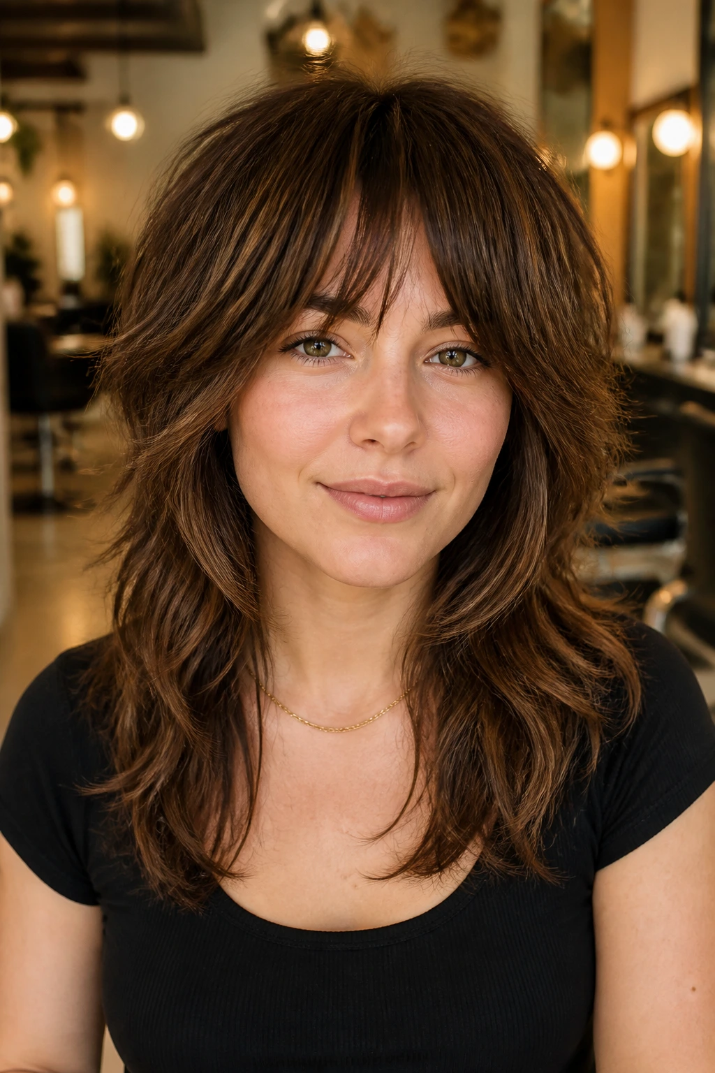 Close-up of a real person with thick shag showing debulked interior and solid perimeter in a salon