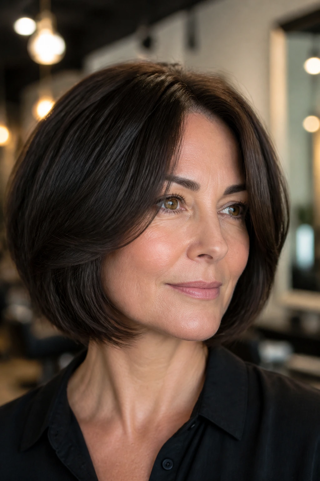 Close-up portrait of a real woman with thick-hair bob and debulking layers